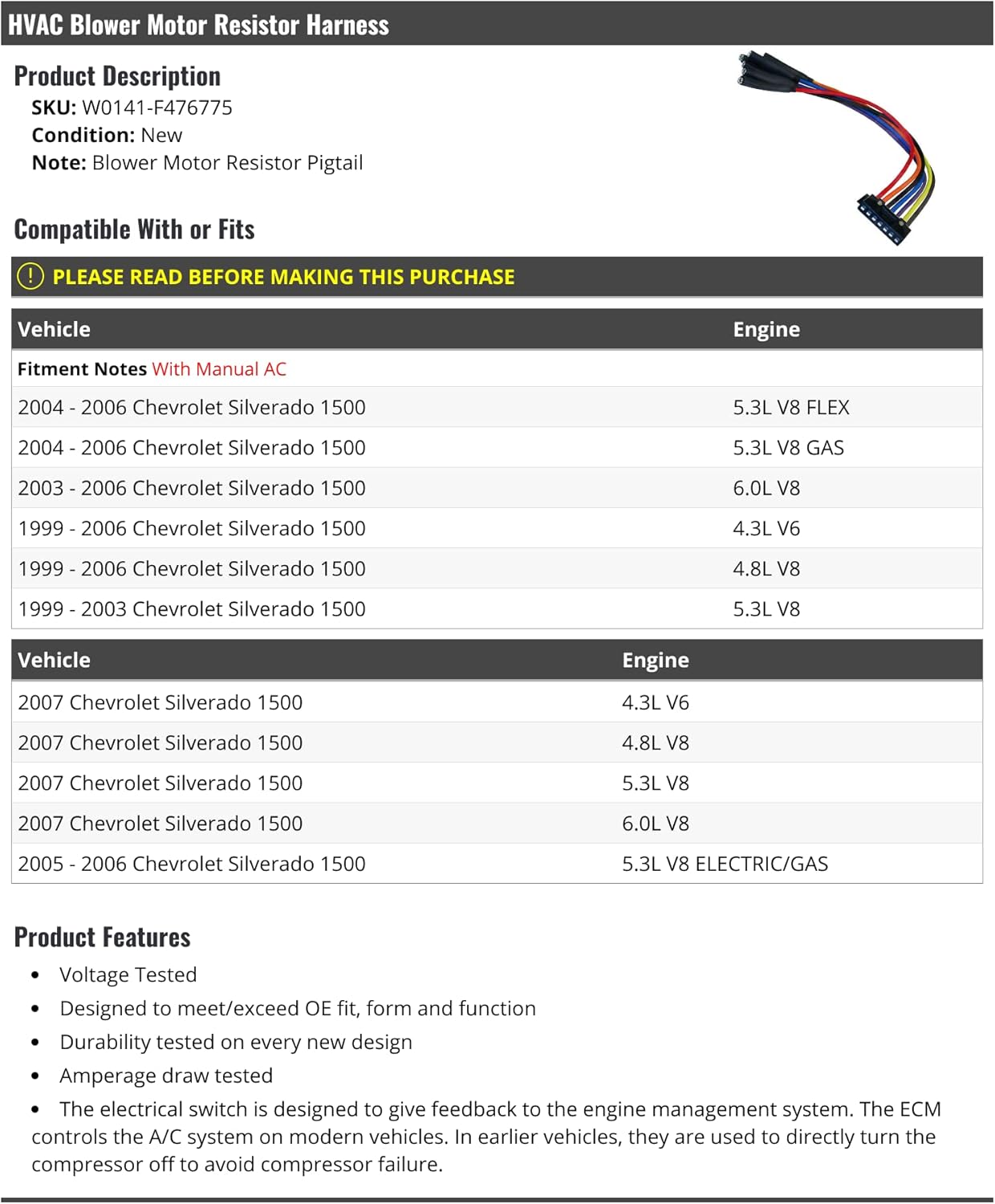 Marketplace Auto Parts HVAC Blower Motor Resistor Harness - Compatible with 1999-2007 Chevy Silverado 1500 (1999-2004 Models with Manual AC)