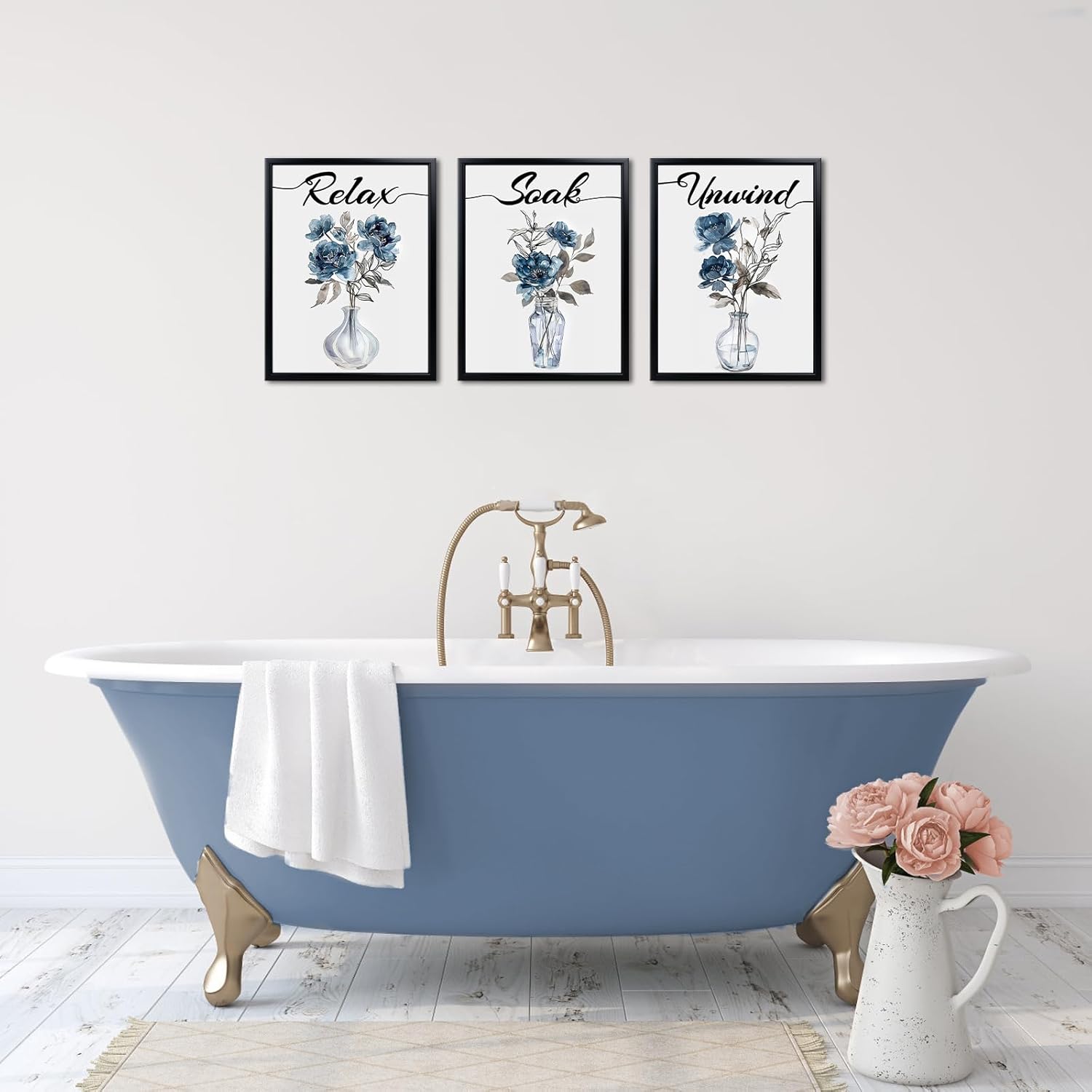 HOMEOART Bathroom Wall Art Relax Soak Unwind Bathroom Laundry Room Decor Sign Floral Art Prints, Set of 3, Black Frame 12x16 inch (Blue)