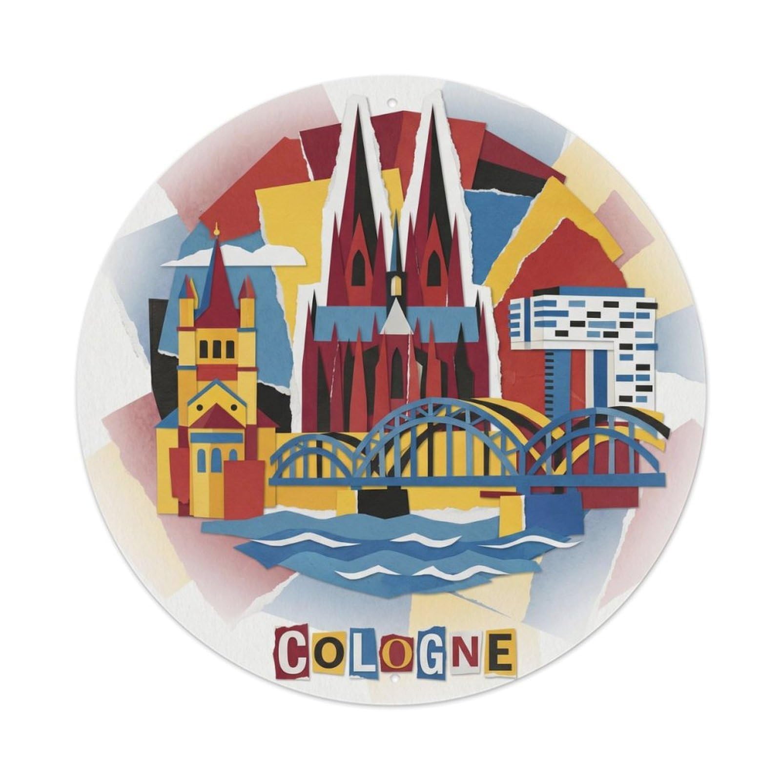 Cologne Cathedral Rhine Geometric Travel Map Collage Metal Tin Sign Plaque Wall Decor for Cafe, Man Cave, Club Bar, Office, Home Garden Round Metal Poster 8x8Inch