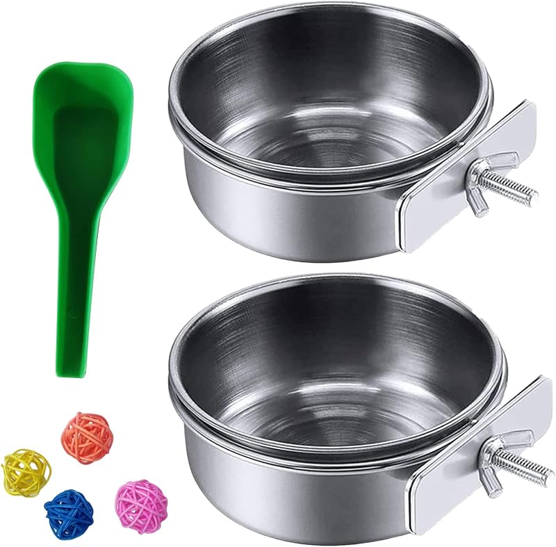 Comedouro e Bebedouro de Aço Inoxidável para Aves kathson com Suporte, Colher e Bolas de Rattan, Pacote com 7