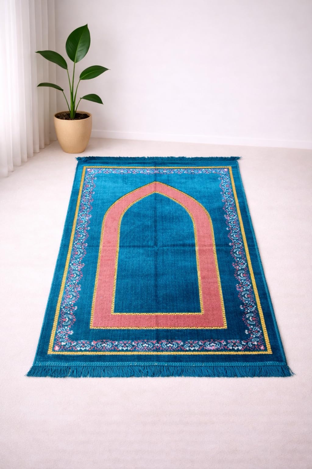 Janamaz Prayer Mat Turkey Soft Velvet | Namaz Mat, Janimaz Namaz Aasan, Islamic Prayer Rug for Salah | 44x27 Inch (Blue)