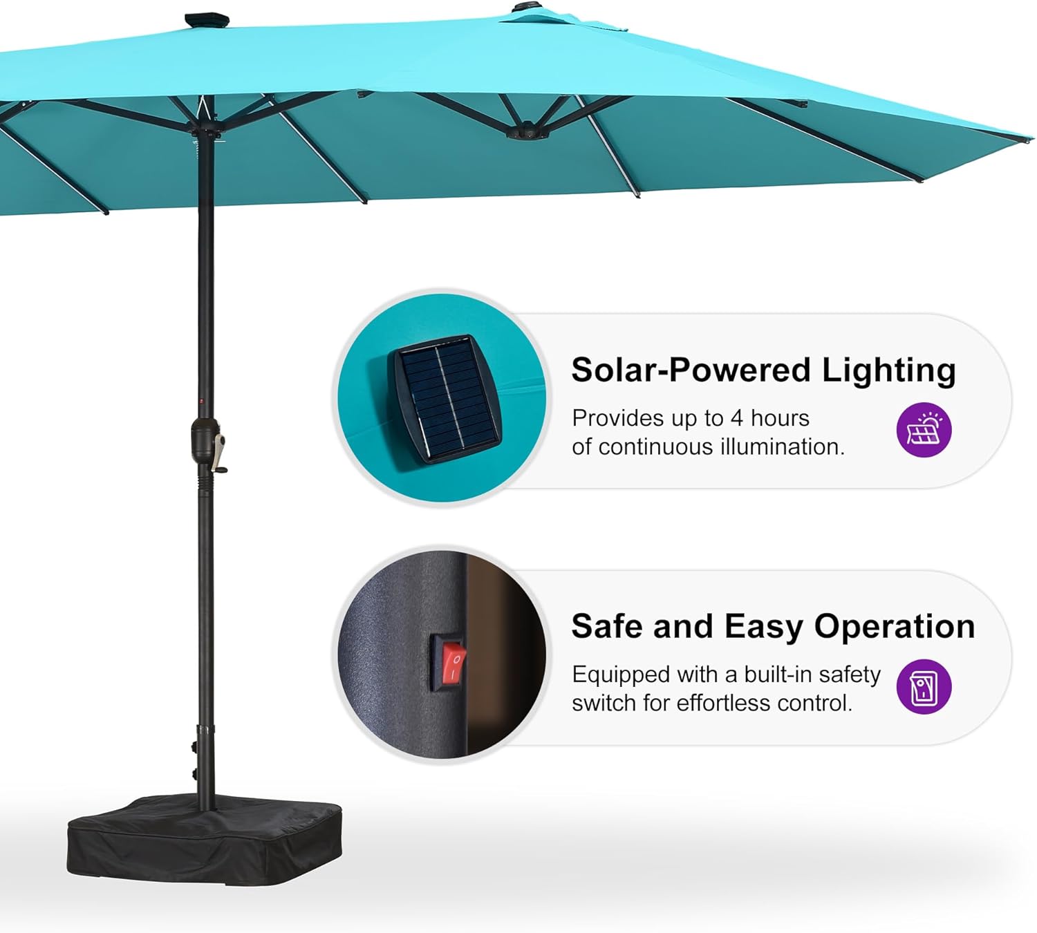 Image showing the solar panel on top of the umbrella and the LED light switch on the pole.