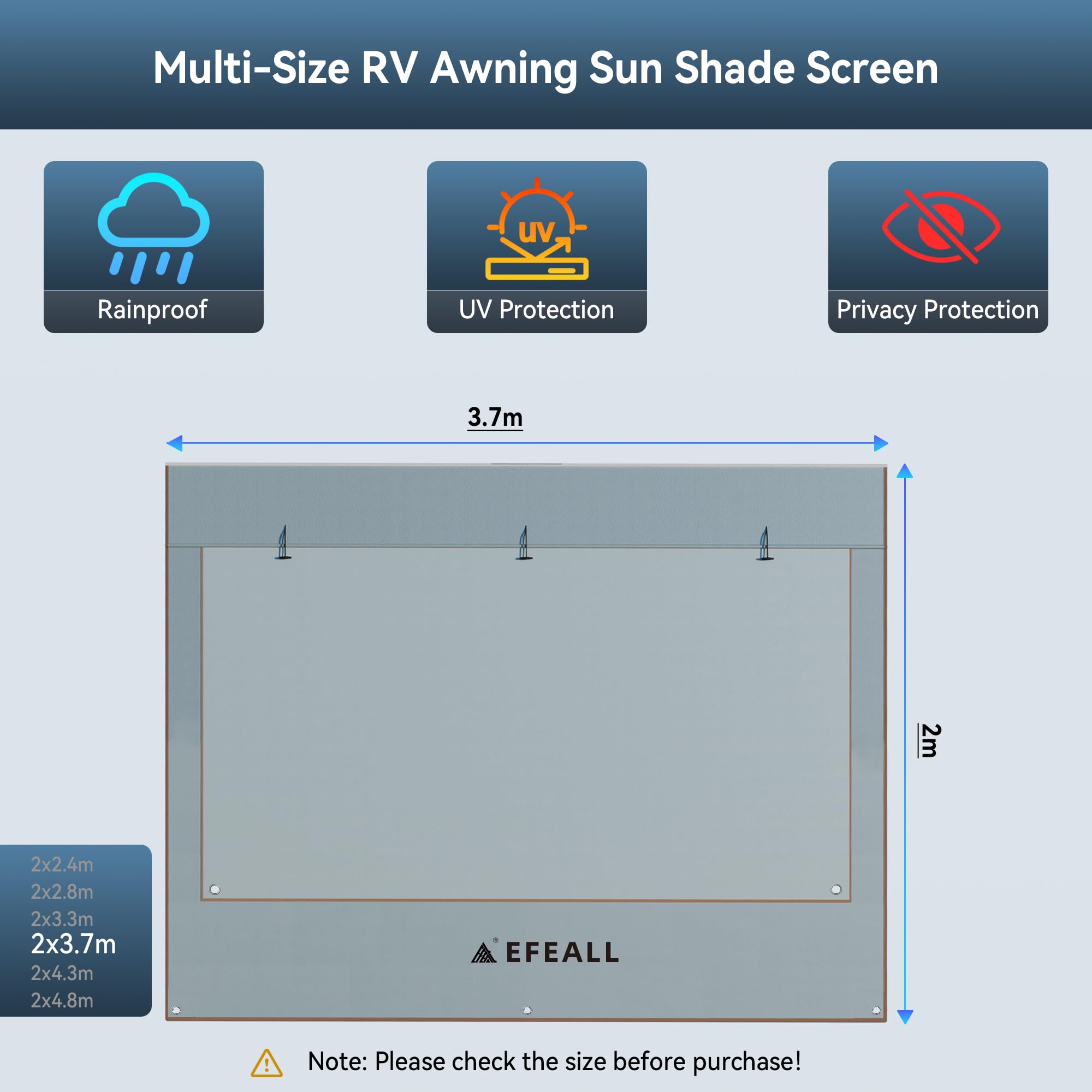Parasol para autocaravanas pared delantera 2 x 3,7 m, protección UPF 50+, resistente a la lluvia, con ventana panorámica ajustable (tela+malla), toldo bloqueador de sol para listones de