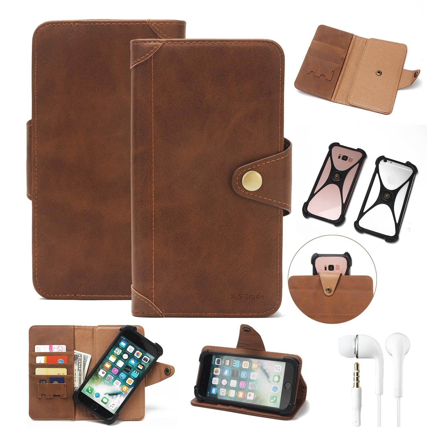 K-S-Trade Housse pour Wiko Power U10 Étui Housse á Rabat Compatible avec Wiko Power U10 Couvercle Couverture Portefeuille+ ÉCOUTEURS avec Pare-Chocs Pouchette Protection Casque Marron (1x)