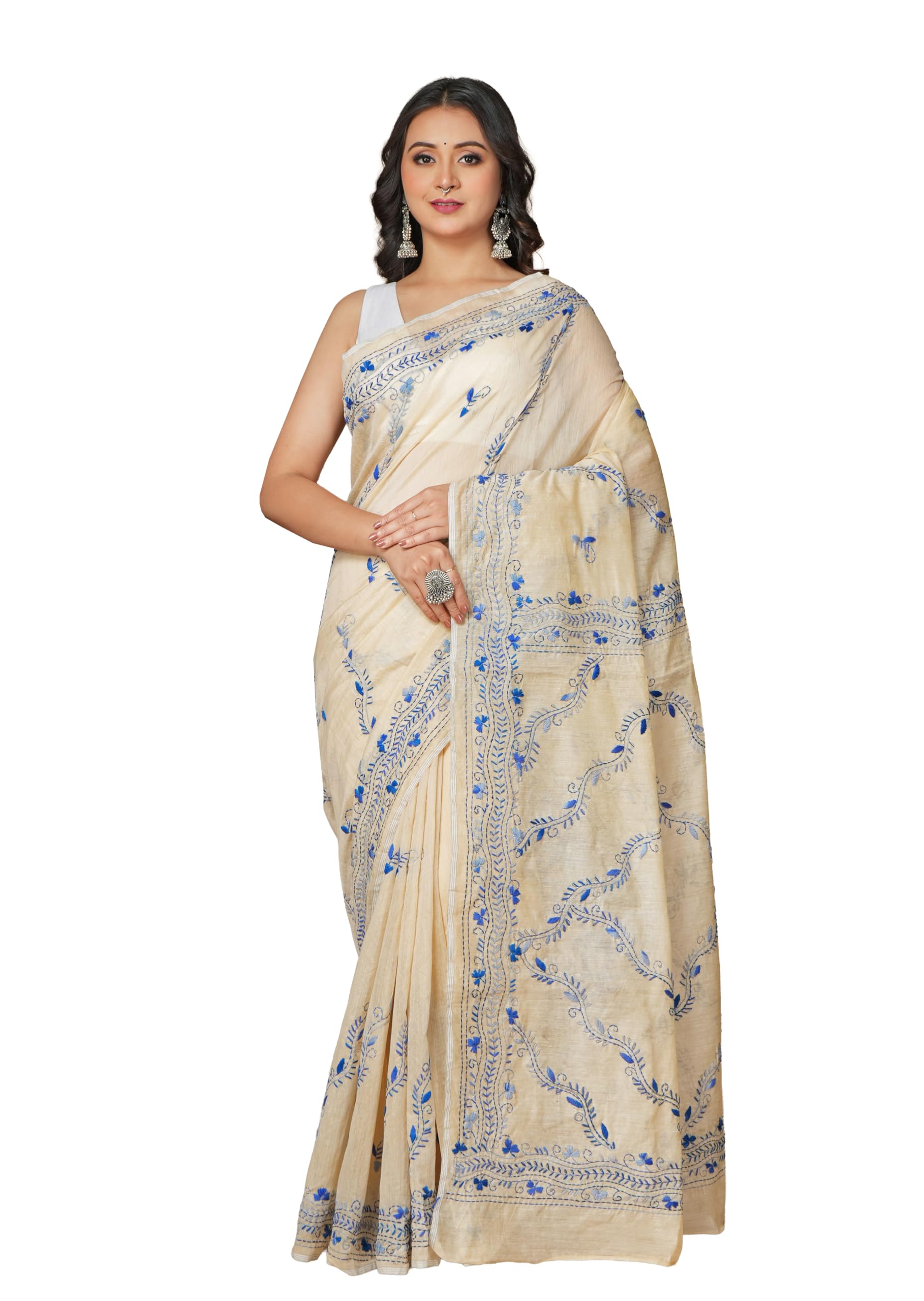 My Story Printed Handloom Art Silk saree with kantha stitch and running blouse piece-image-45