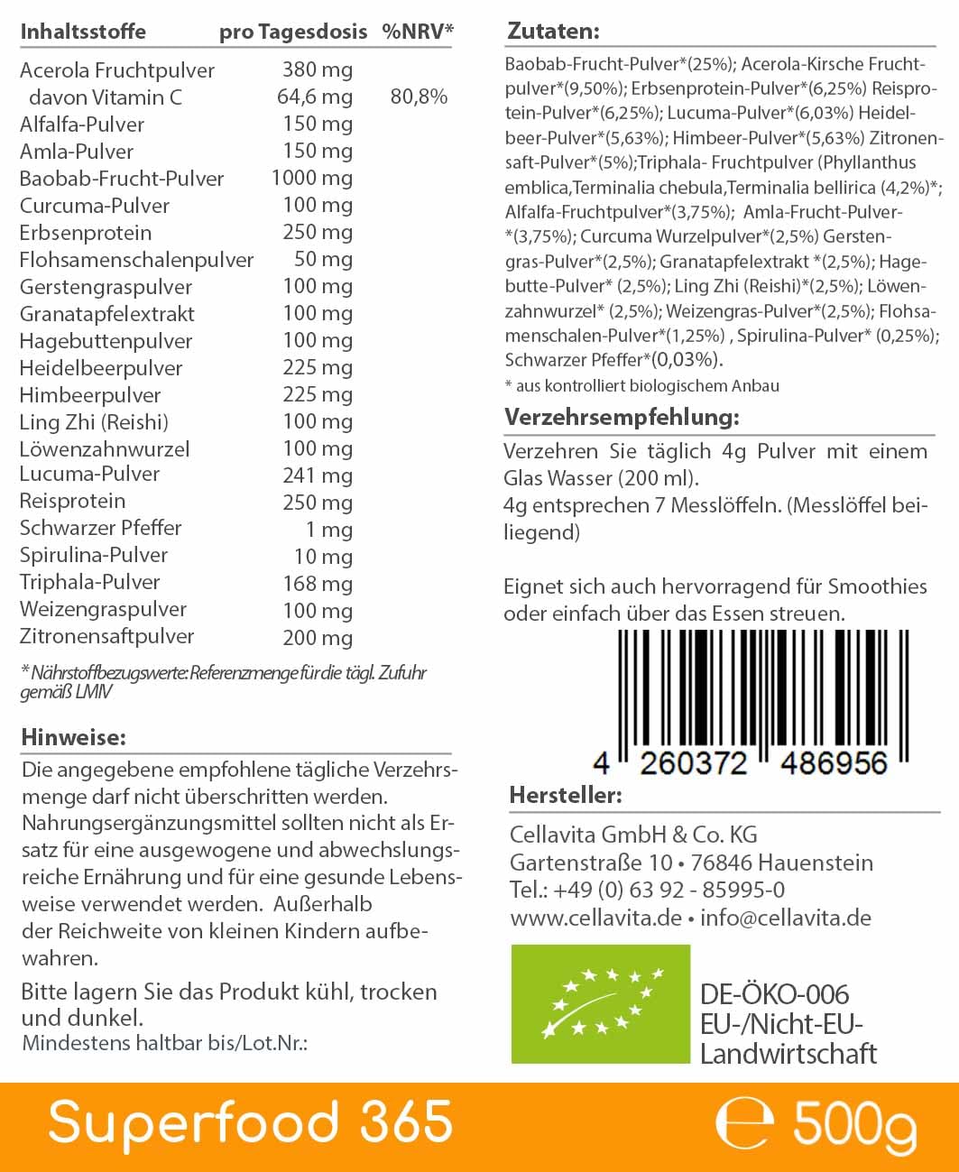 Superfood 365 Bio "Neue Rezeptur" - mit 21 Bio-Superfood (500g Im Beutel)