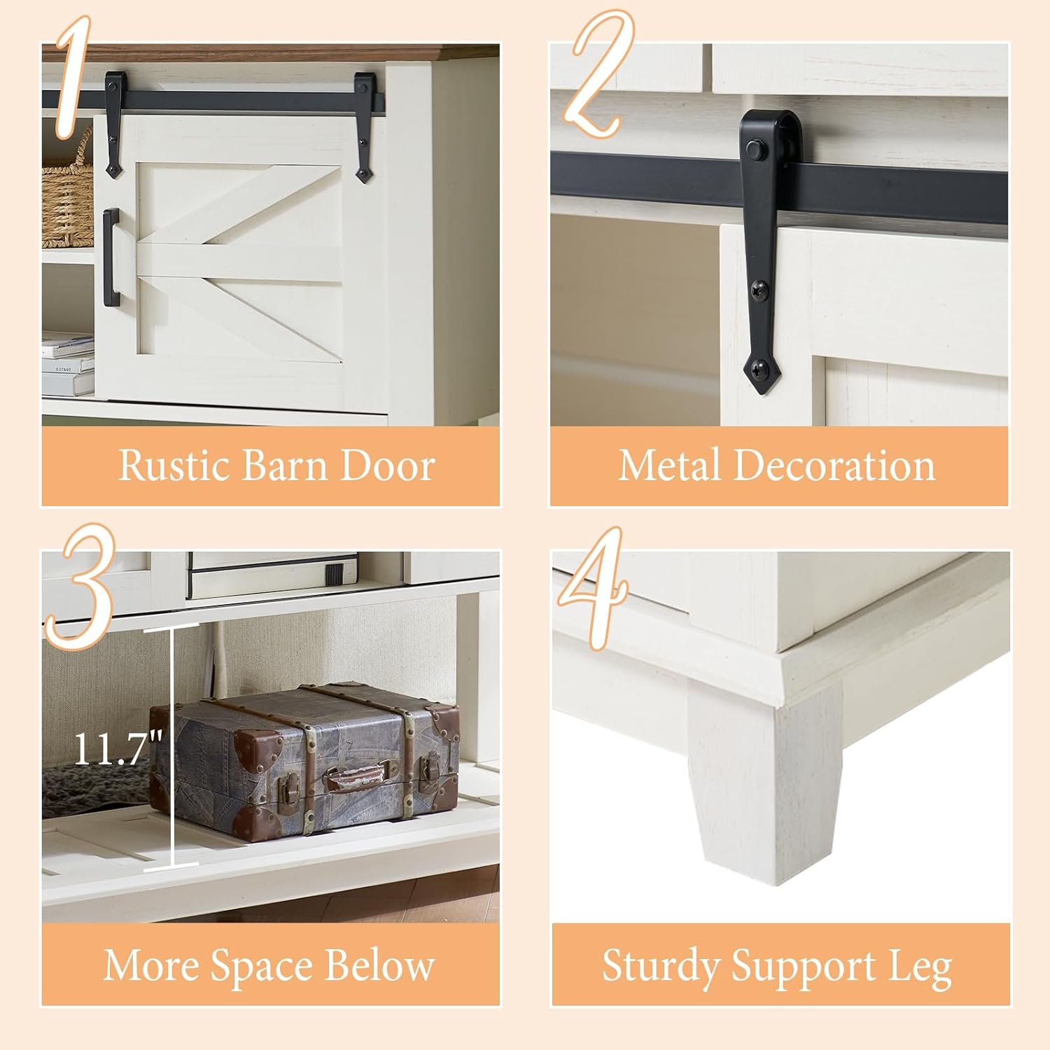AMERLIFE Sofa Table with Sliding Barn Doors, TV Console Table, 46" Farmhouse Rustic Storage Entryway Table, Adjustable Open Shelves, Hallway, Living Room, Bedroom, Antique White