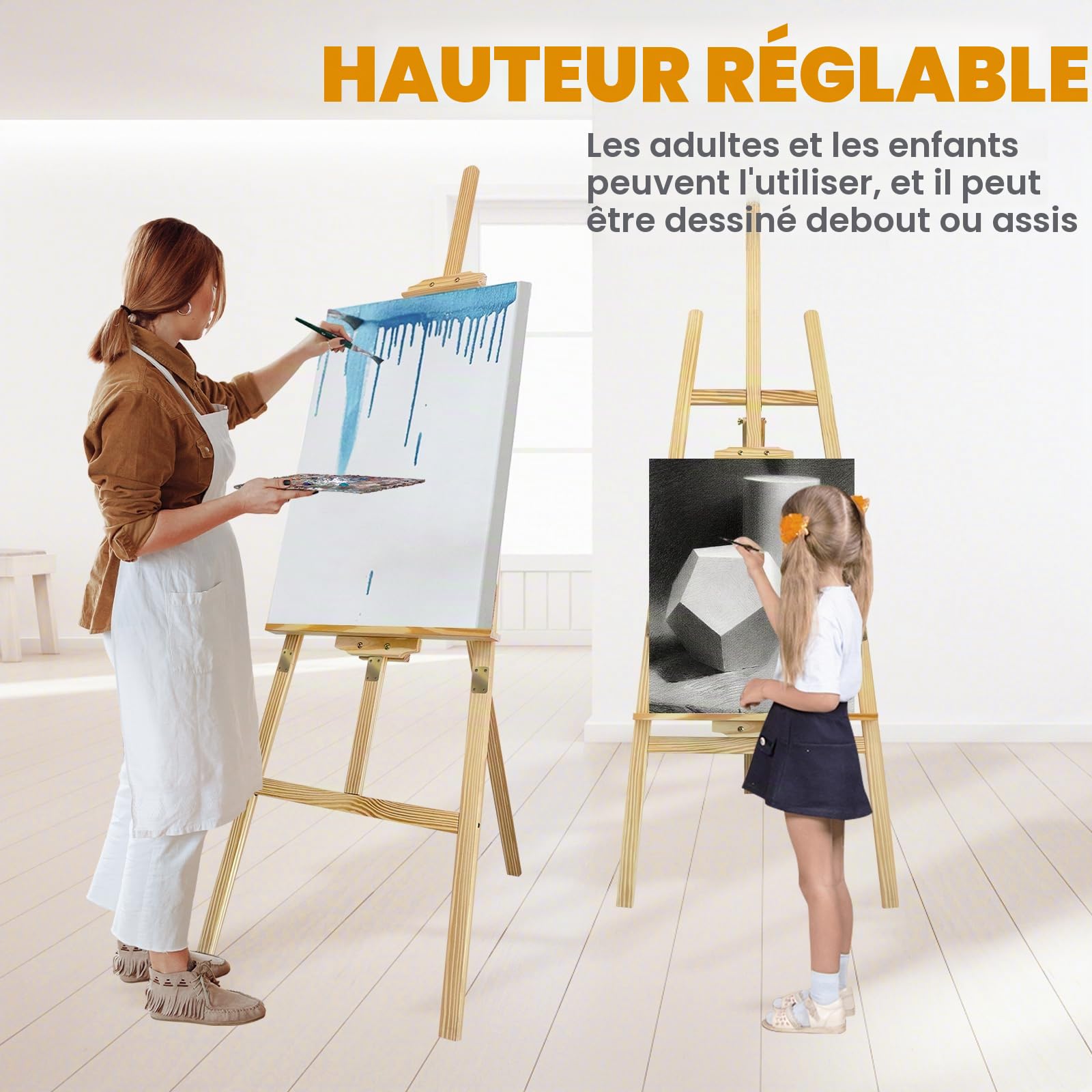 Chevalet d'artiste - Chevalet de studio professionnel en A - Trépied pour peinture et croquis, artistes - Bois de pin - Hauteur réglable