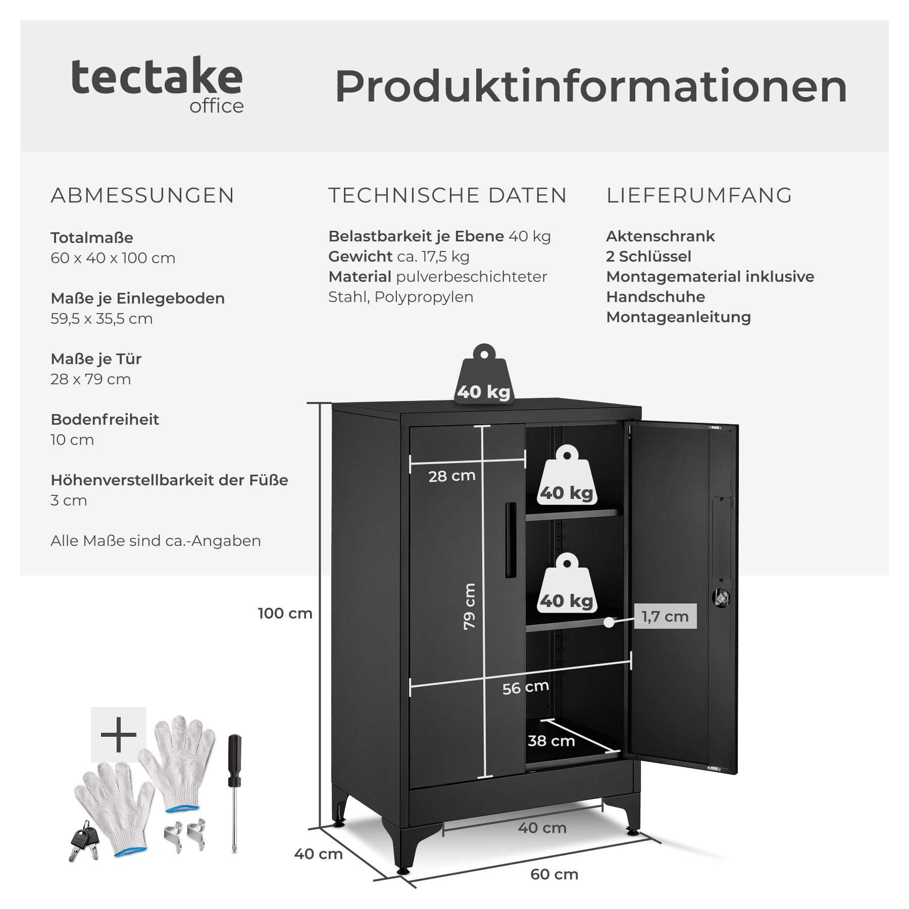 TecTake® Aktenschrank, 60 x 40 x 100 cm, 2 verstellbare Böden, abschließbar, Magnetverschluss, Kippschutz, Büroschrank, Aktenmöbel, Ordnerschrank, Büroorganisation, Arbeitsmobiliar - schwarz