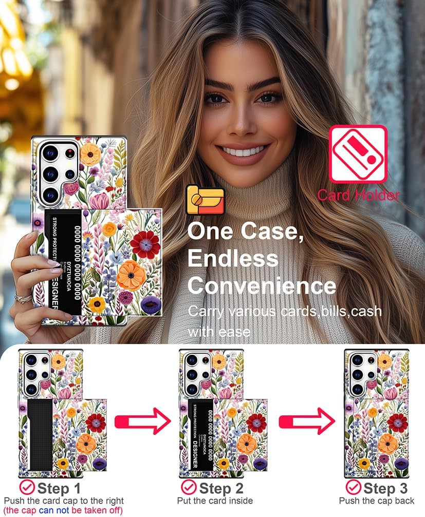 Compatible with Samsung Galaxy S25 Ultra Case Wallet Cute for Women with Design,Rugged Credit Card Holder Slot Protective Phone Skin Cases - Red Vibrant Colorful Flowers - Image 4