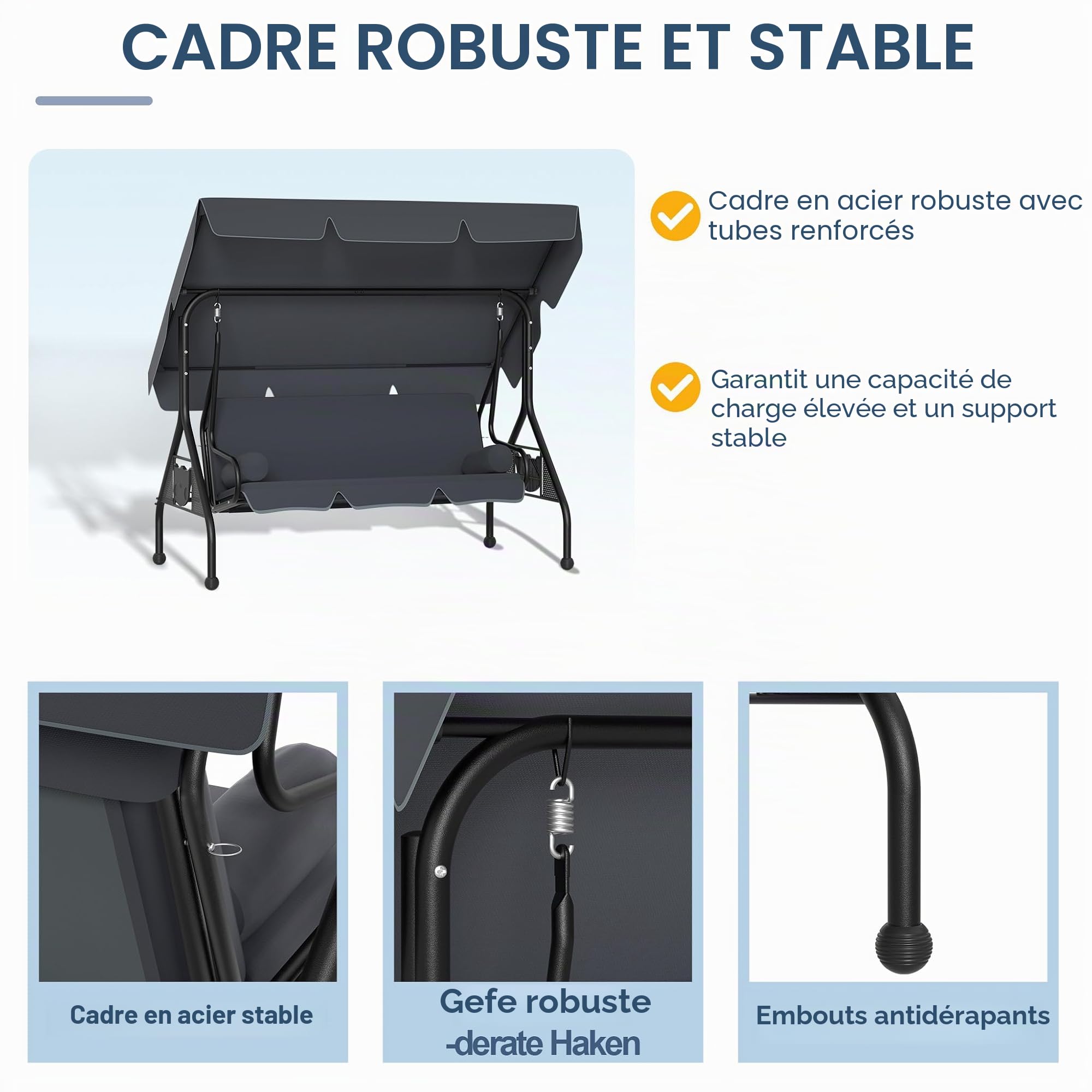 UISEBRT Balancelle de jardin 3 places avec fonction inclinable, 2 coussins, 2 plateaux, banc pour extérieur, supporte jusqu'à 350 kg, pour jardin, piscine, terrasse, anthracite