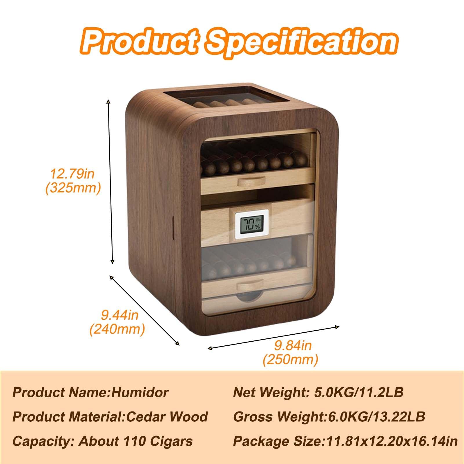 Humidor z drewna cedrowego, elektryczny nawilżacz powietrza do cygar z cyfrowym higrometrem i pojemnością na 110 cygar. Nawilżacz powietrza dla mężczyzn. A