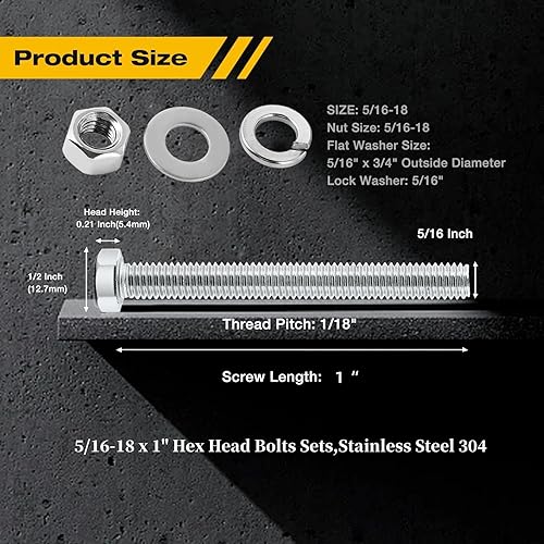 Miniatura 27 de Juego completo de tornillos de cabeza hexagonal 5/16-18x3, tuercas, arandelas planas guardabarros, arandelas de bloqueo dividido, totalmente