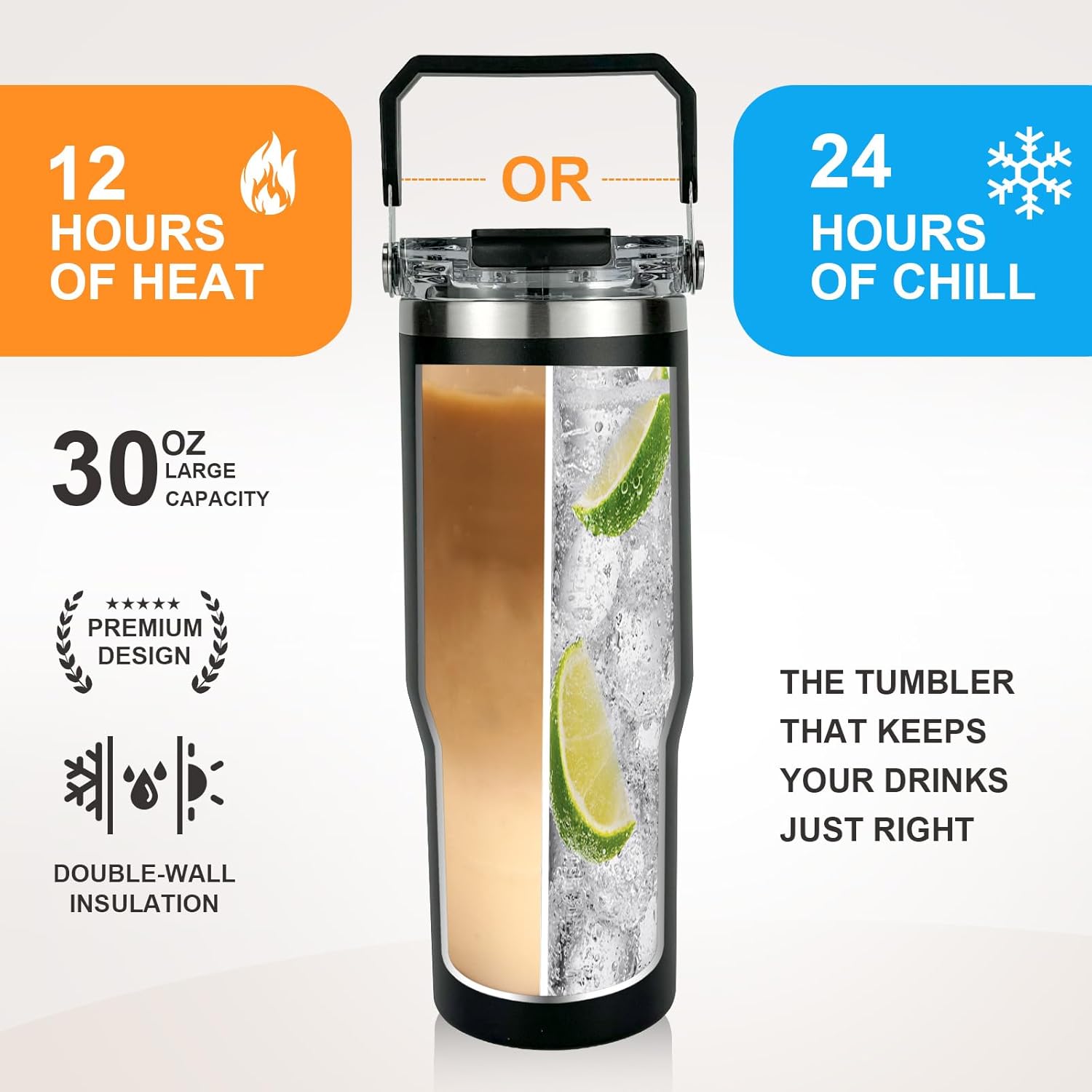 Insulated tumbler with lid and straw,tumbler with handle and flip straw cup traveler 30 oz water bottle mug Vacuum Sealed Cupholder Friendly BPA-Free Leak-Proof (Black) - Image 3