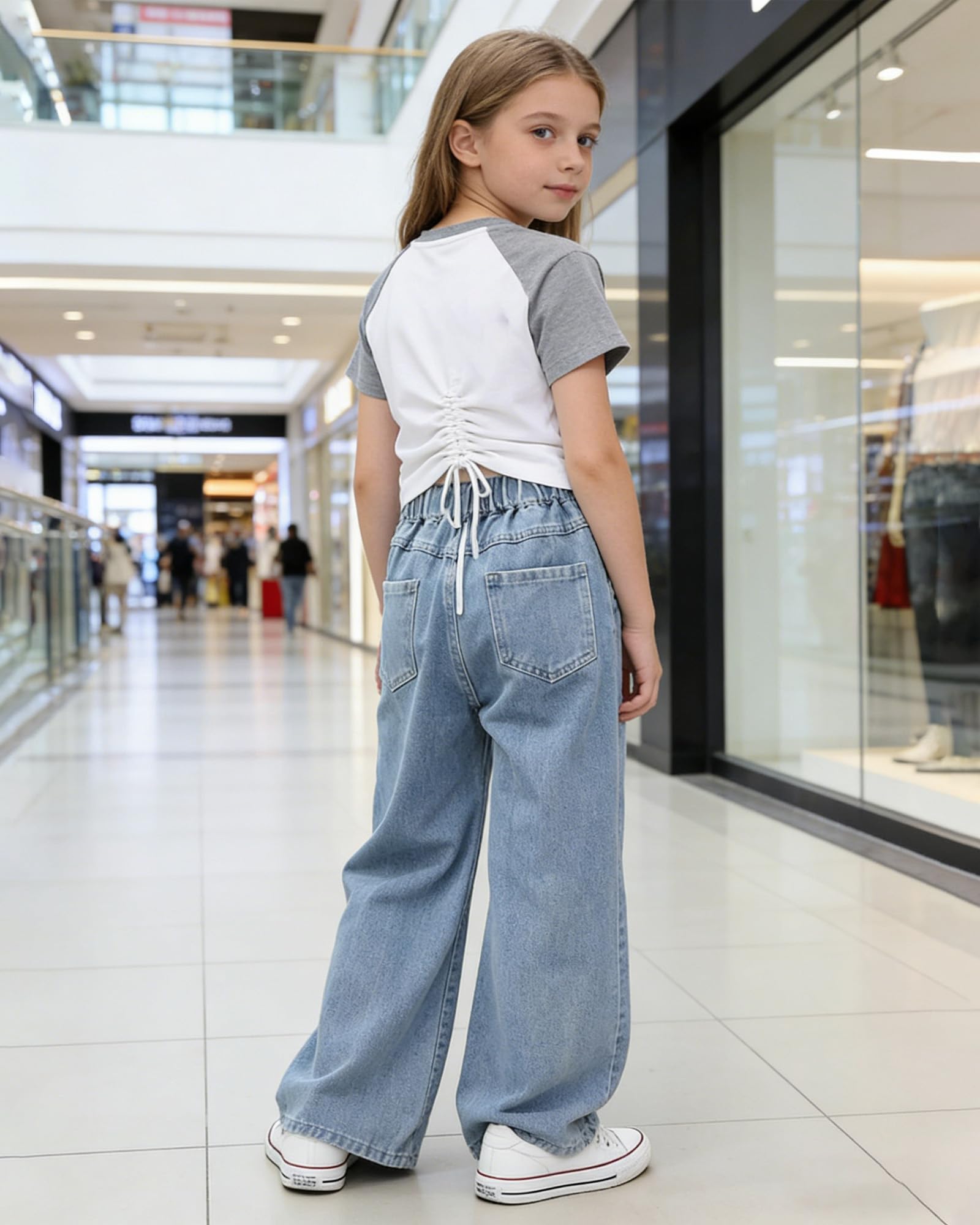 SANGTREE Girls Wide Leg Jeans Elastic Waist Denim Pants Baggy Jeans for Girls, 6-14 Years
