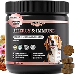 POPPAW Dog Allergy Chews, Probiotics for Dog Allergy Relief - Itchy Skin and Itchy Ears - Allergy Paw Relief - Seasonal Allergies & Immune Gut Health & Joint, Energy Support, Chicken Flavor - 90 Count