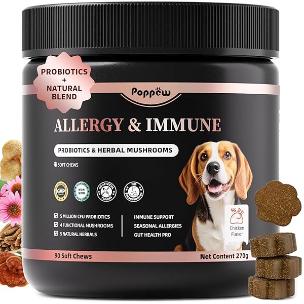 POPPAW Dog Allergy Chews, Probiotics for Dog Allergy Relief - Itchy Skin and Itchy Ears - Allergy Paw Relief - Seasonal Allergies & Immune Gut Health & Joint, Energy Support, Chicken Flavor - 90 Count