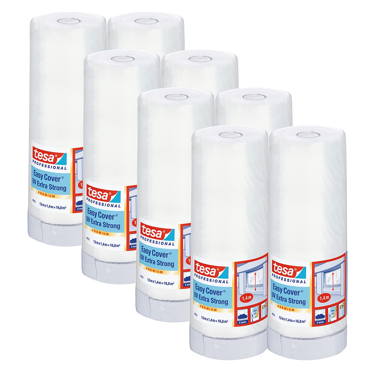 tesa Easy Cover 4373 UV Extra Stark, 8 x Malerband mit Folie, 12 m x 1,4 m