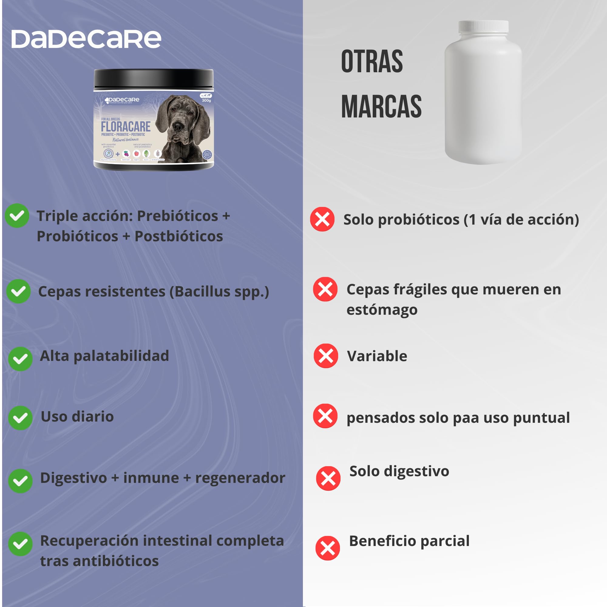 Floracare - Probioticos Perros en Polvo 300g - Repara Flora Intestinal y Mejora Digestión – Reduce Diarreas y Estrés – Ideal Tras Tratamientos o Cambio de Pienso con Prebióticos y Postbióticos