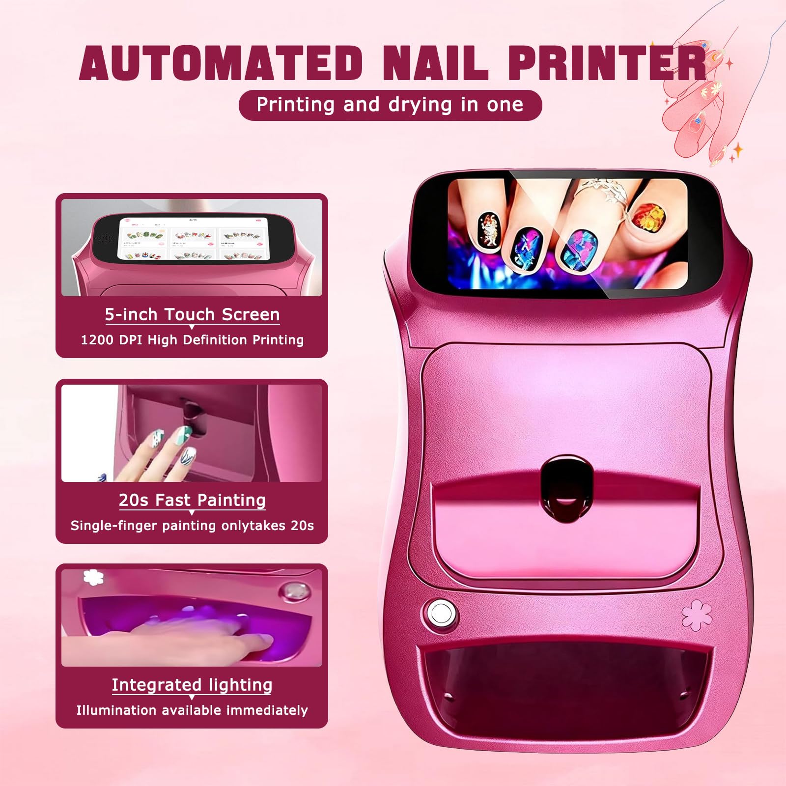 Instant Nail Artist Drukarka 3D, Szybkie Drukowanie w 20s i 5" Ekran Dotykowy, Tryb WiFi/DIY do Domu/Studiów Paznokci, 3000+ Wzorów Paznokci, Zawiera Suszarkę do Paznokci/Lakiery