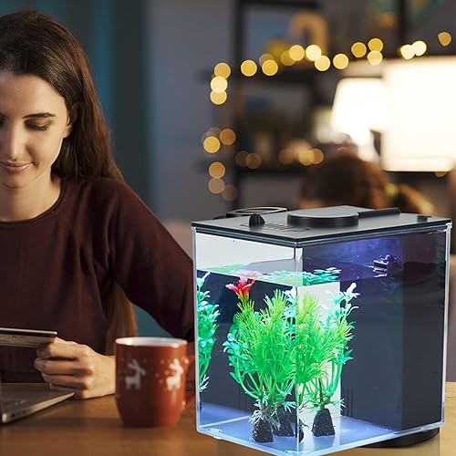 Miniatura 4 de Mini pecera Betta Aquarium Starter Kits Multifuncional Escritorio con botón de interruptor LED Kit de acuario blanco, 1 galón (negro)
