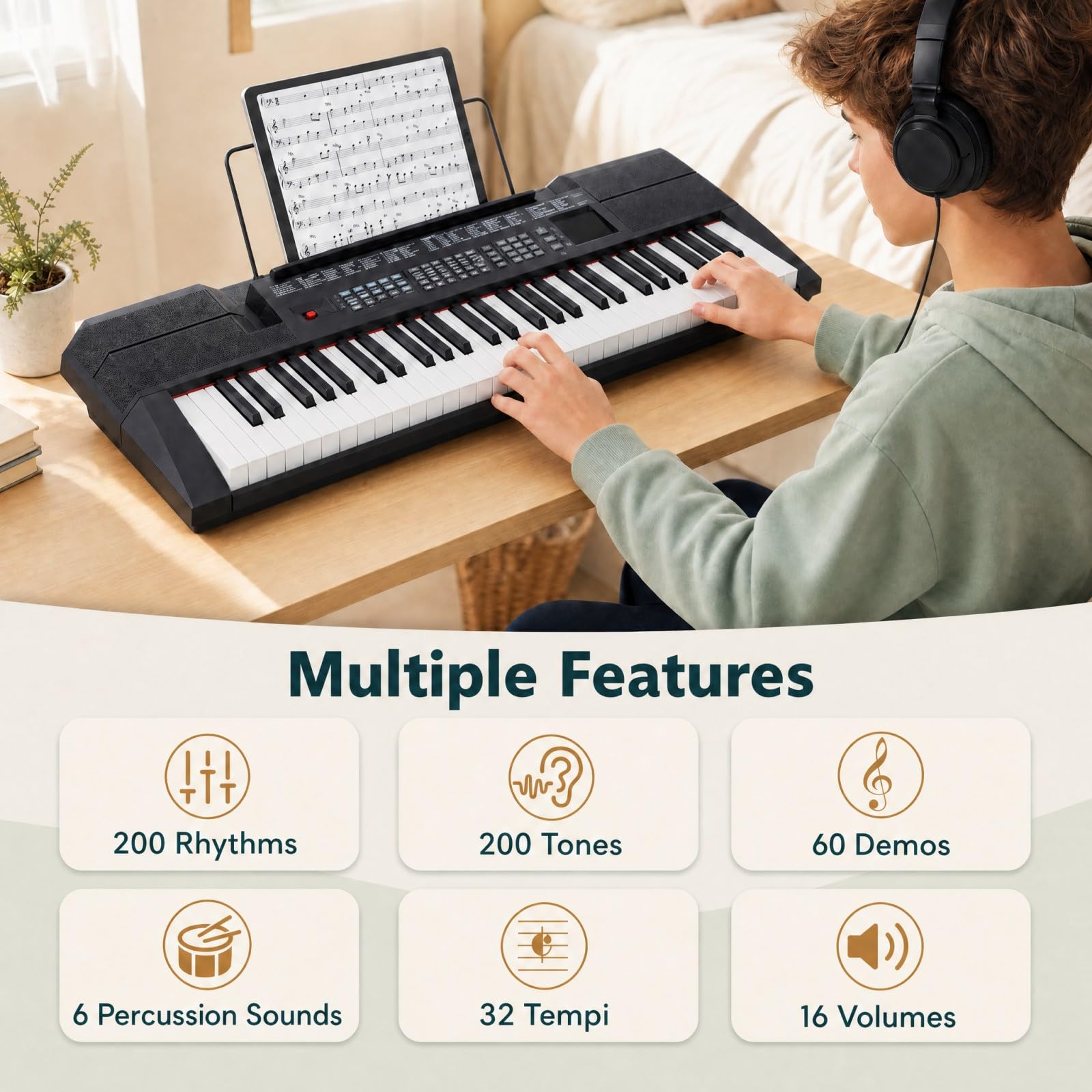 KOMFOTTEU Pianoforte Digitale 54 Tasti, con 200 Ritmi, 200 Suoni e 60 Demo | Tastiera Elettronica con Microfono e Leggio, Pianola Doppia Portatile e Leggera, per Bambini, Adolescenti e Adulti, Nero