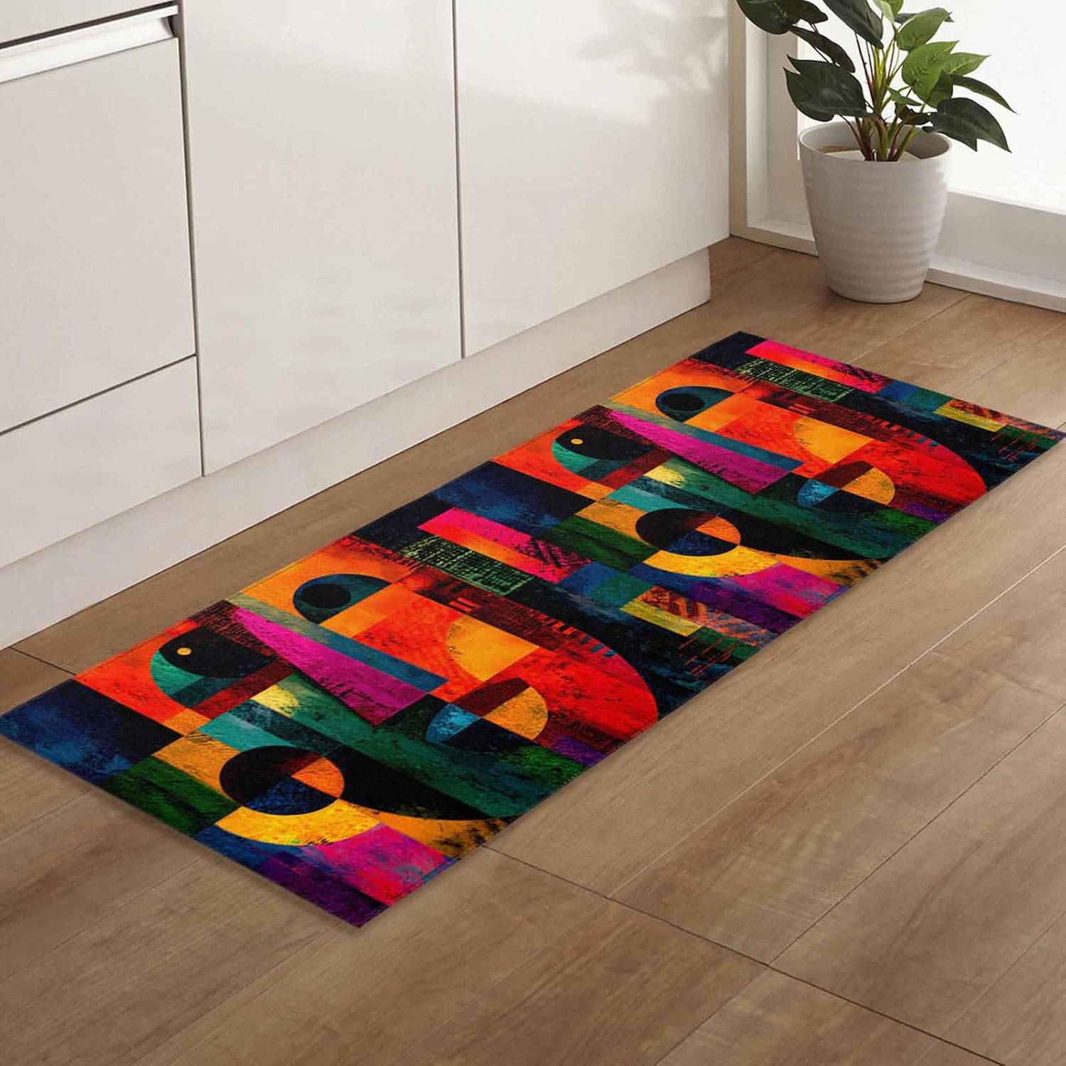 Teamery Kitchen Mats for Floor Abstract Boho Terracotta Red Green Washable Non Slip Kitchen Rugs 1PCS, Aesthetic Geometric Art Absorbent Standing Mats for Sink Bathroom Office Living Room 15.7x47.2in