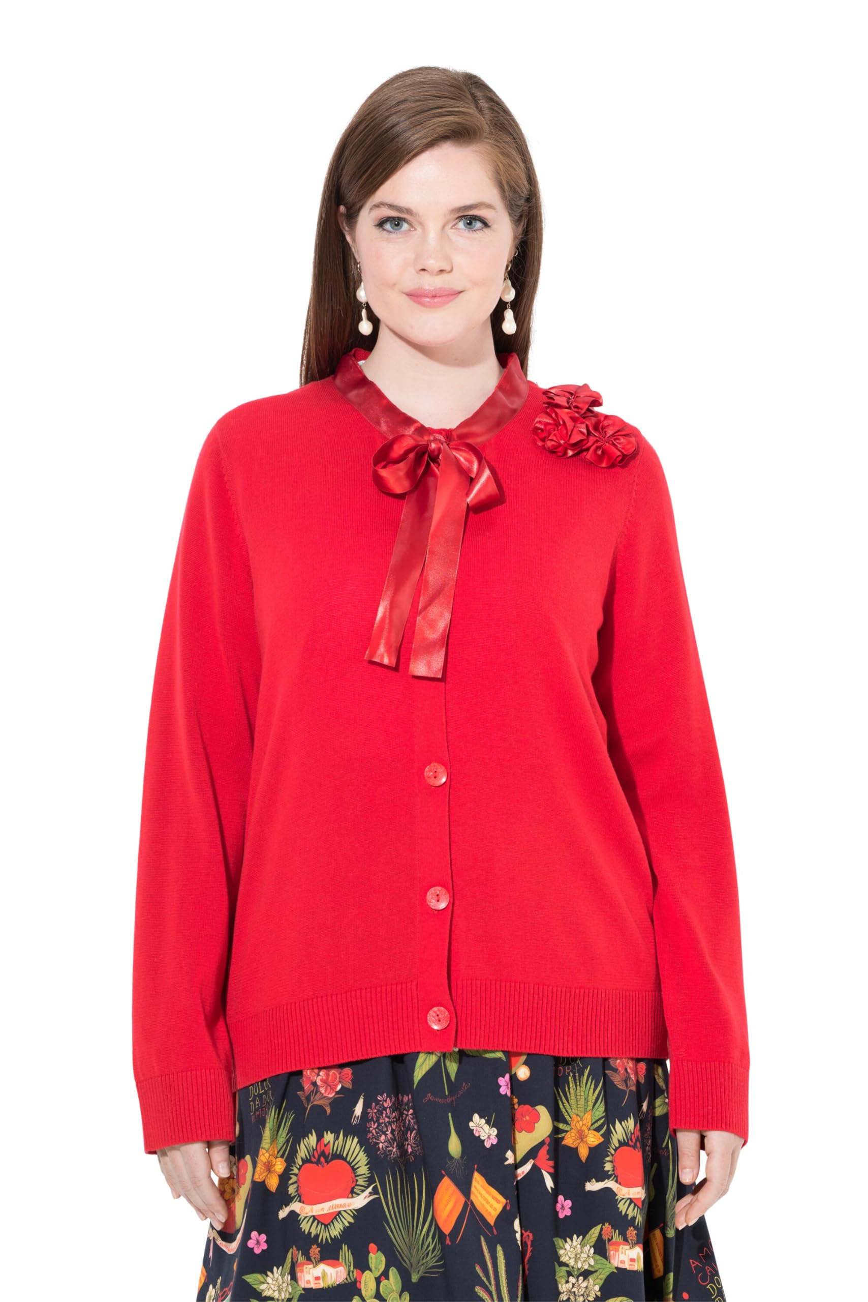 Ulla Popken Damen große Größen Übergrößen Plus Size Strickjacke, Satinblüten, Rundhals, Langarm 841053