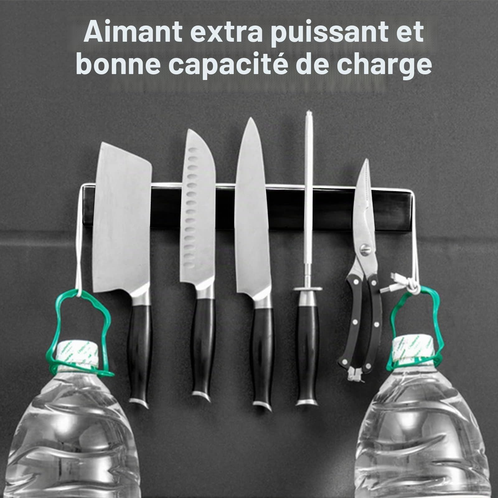 Barre magnétique Trhillsbrad de 60 cm - Porte-couteaux magnétique avec 3 crochets - En acier inoxydable - Noir - Fixation murale - Sans perçage