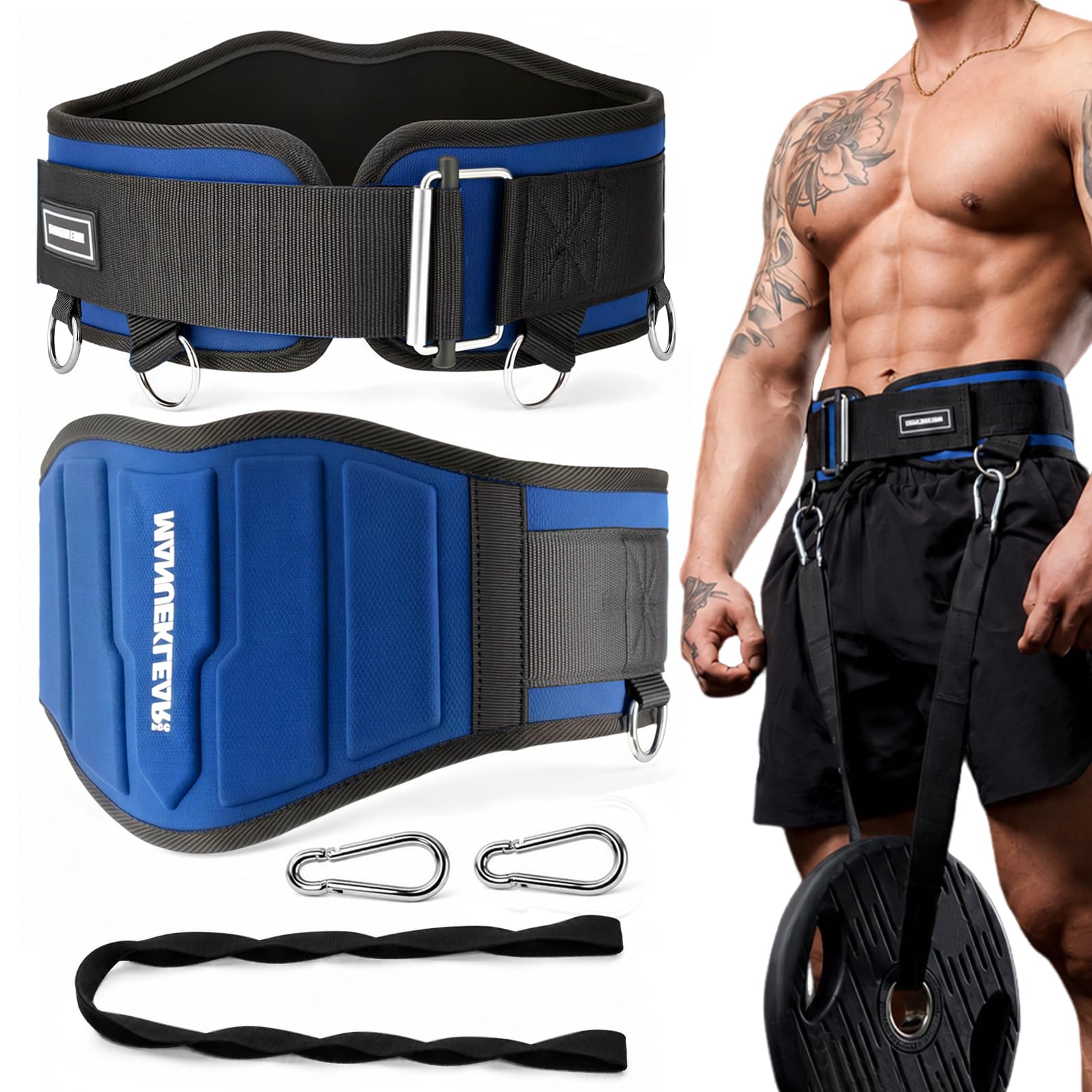 MANUEKLEAR 2-in-1 Weight Lifting Belts for Back Support, Dip Belt with 38.5 IN Rope for Weightlifting Pull Up, Powerlifting Gym Weight Belt for Men Women (Blue, M (30in-33.5in)))