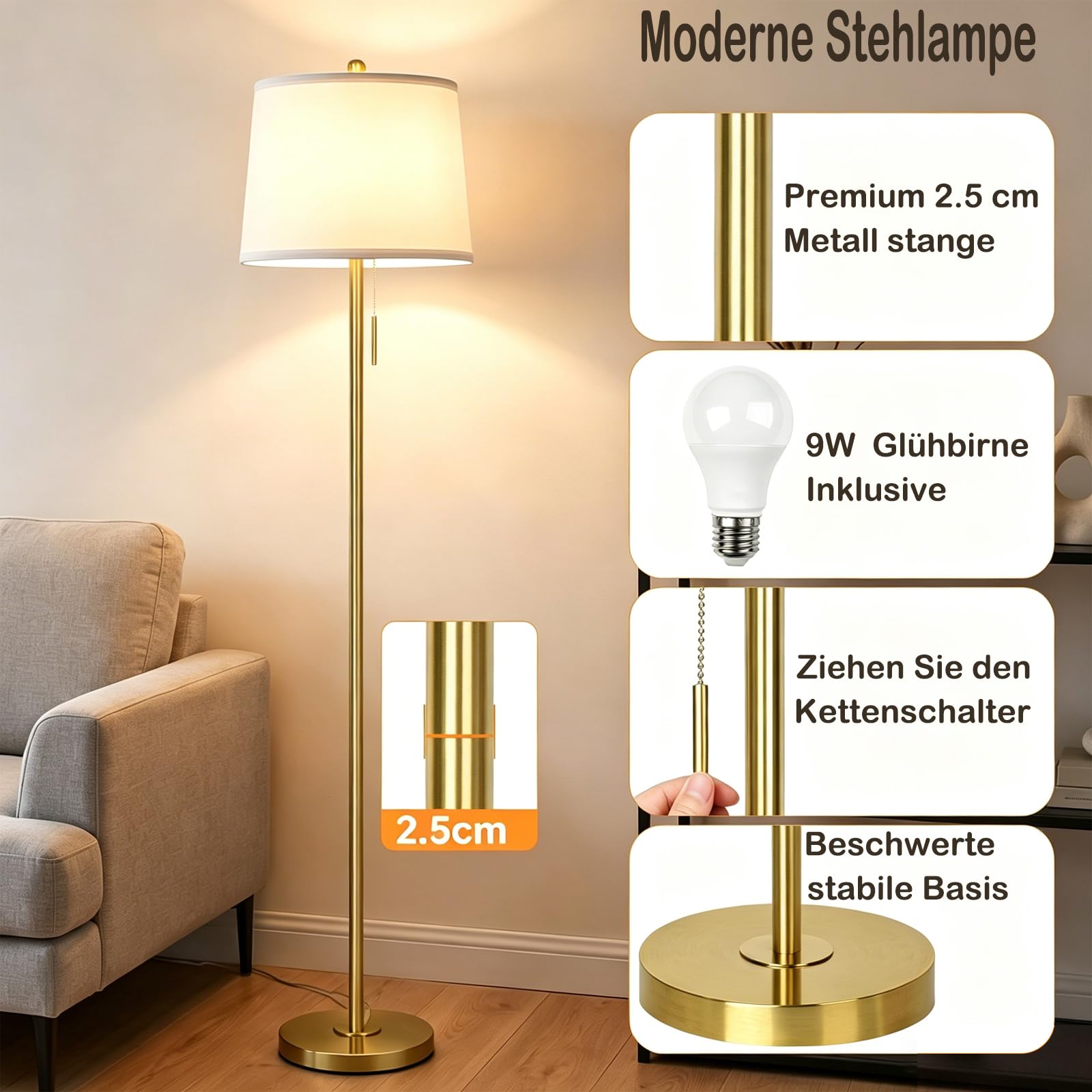 JUNNAI Stehlampe Wohnzimmer, 160 cm Modern Stehleuchte mit Leinen-Lampenschirm & E27 Birne 3 Farbtemperatur Standleuchte für Schlafzimmer Büro(9W LED-Glühbirne enthalten) -Gold