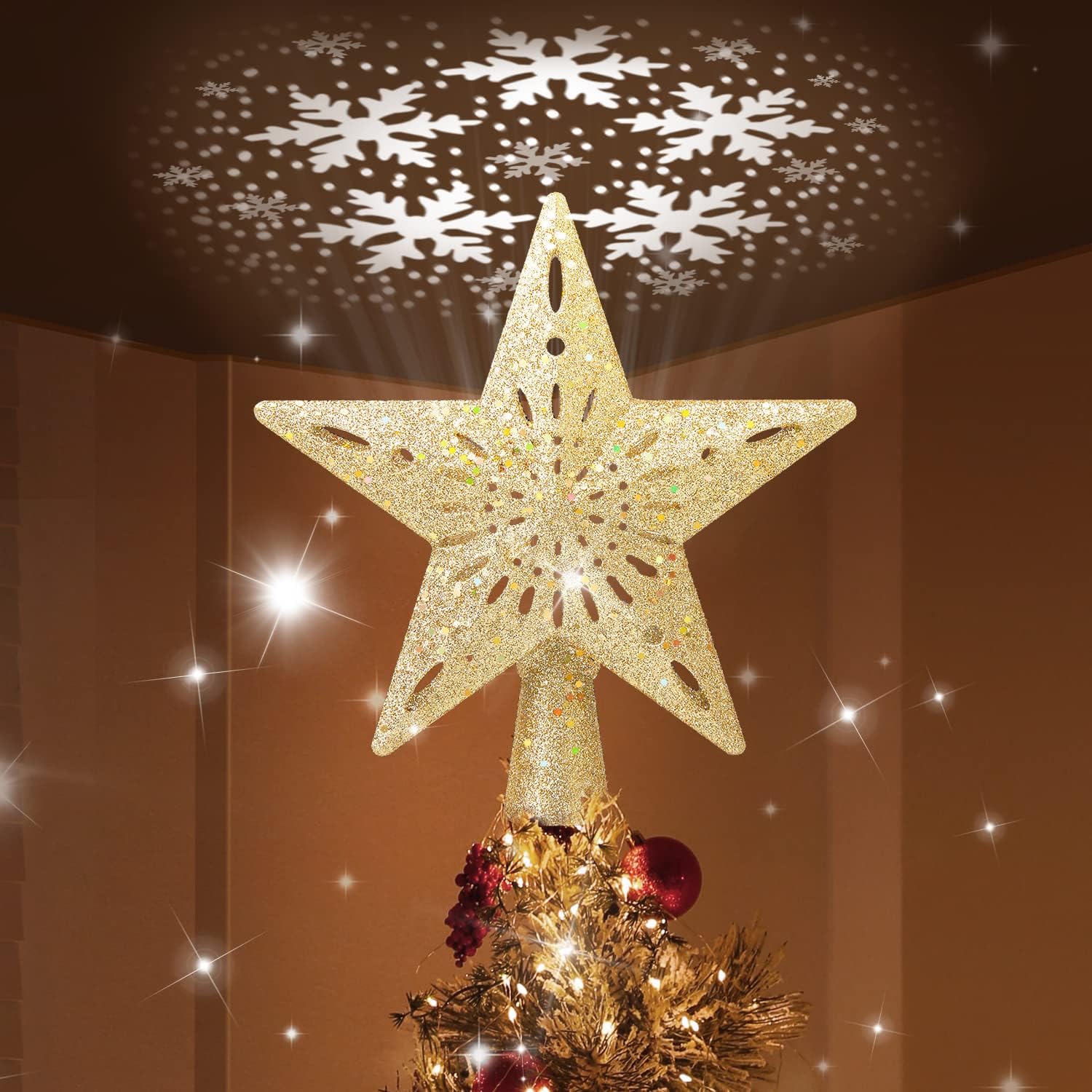 Christmas Tree Topper Lighted with 6 Patterns Projector, Christmas Tree Star Topper Built-in 3D Glitter LED Rotating Lights, Gold Tree Topper Christmas Decoration for Xmas Party Holiday