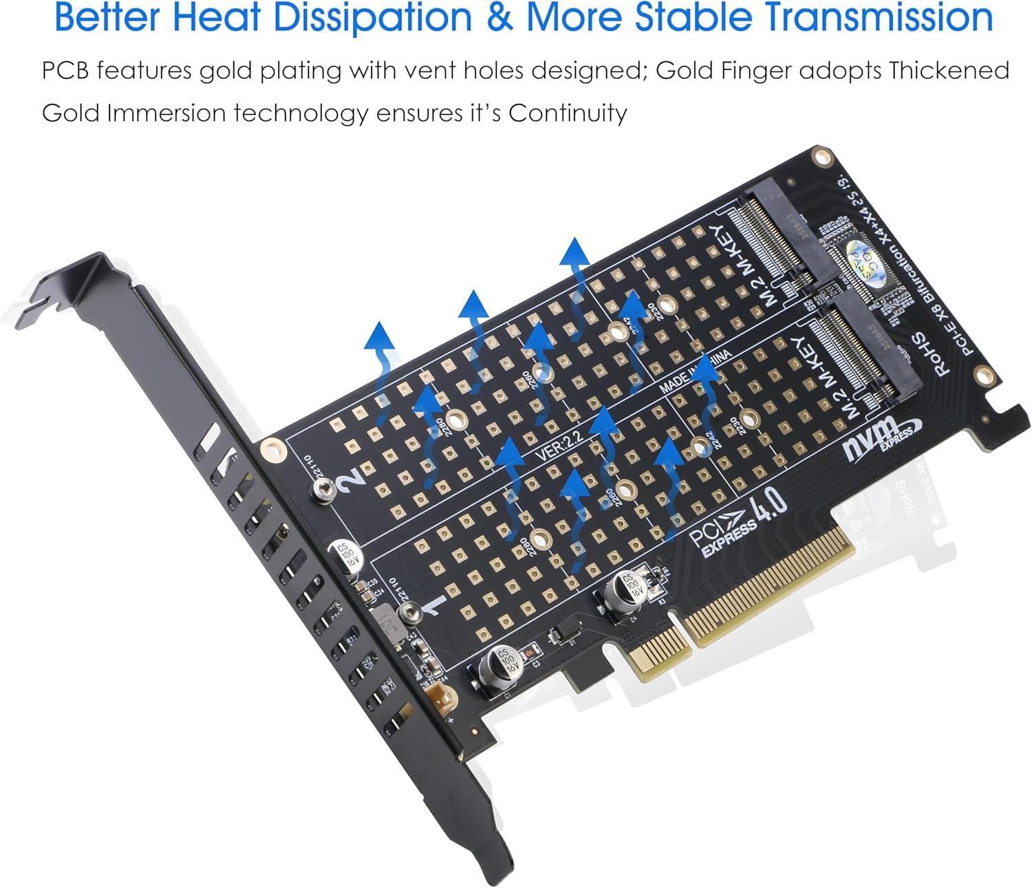 RIITOP Scheda adattatore Dual NVMe a PCIe X8 X16, 2 x 32 Gbps Full Speed, M Key M.2 SSD Reader (PCIE Bifurcation)