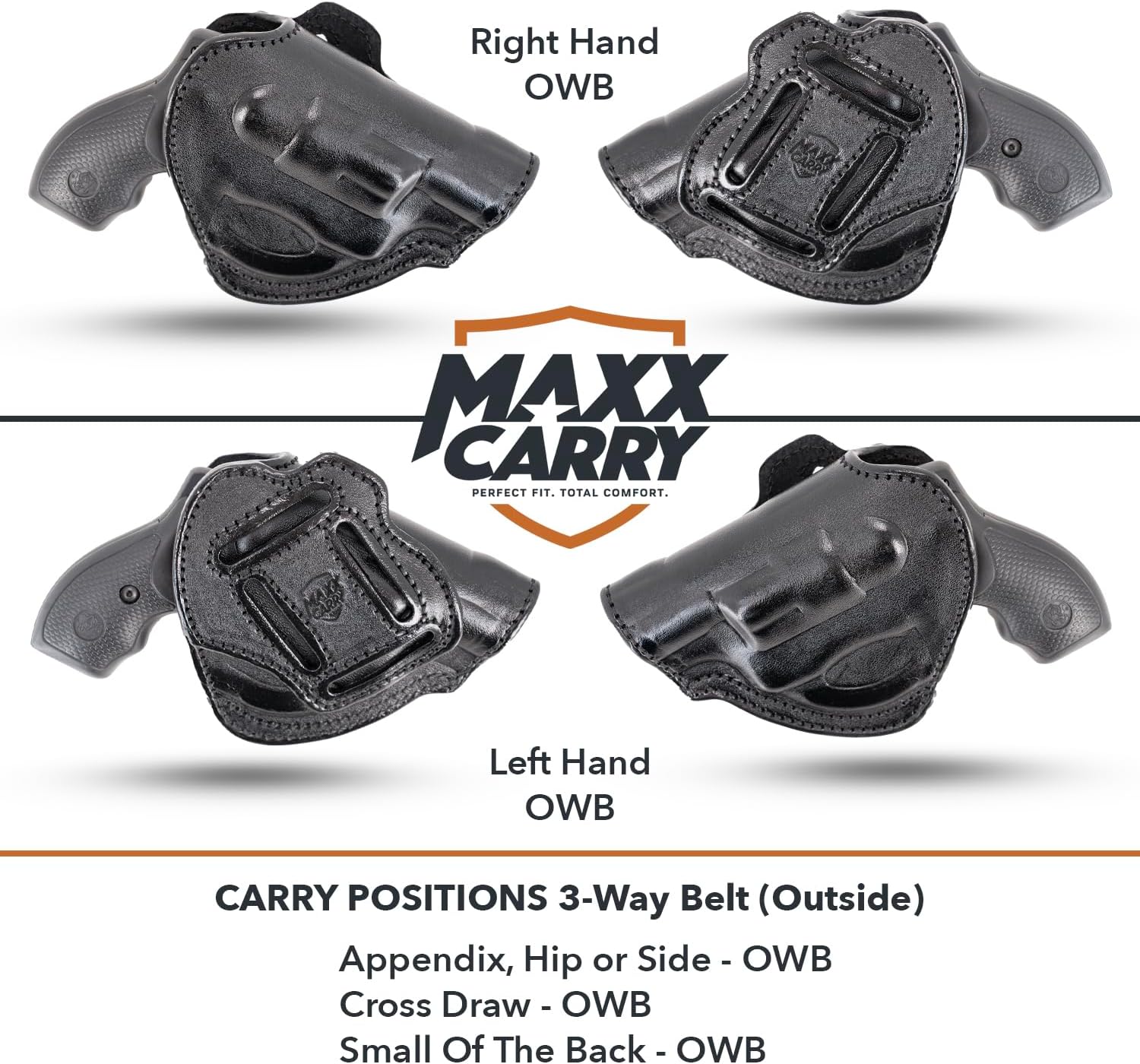 Maxx Carry 3 Position OWB Leather Gun Belt Holster CCW for Ruger LCR, LCRx, SP101 | S&W Bodyguard 38 Special, M&P 340 | Taurus 85, 605, 856 and Other Snub Nose.
