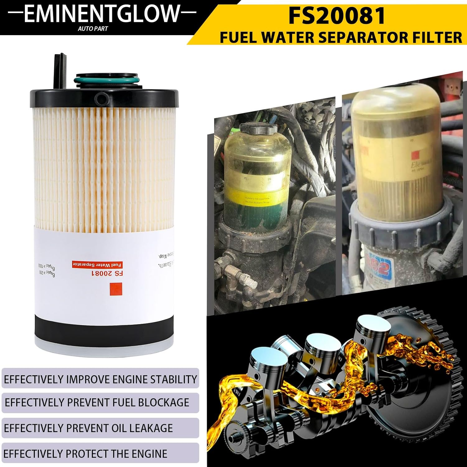 FS20081 Fuel Water Separator Filter Compatible with Detroit Diesel B6.7 L9 DD5 DD8 2017 Cummins ISB ISL Engines Replaces A0000904851 PF46171 L20081 FS20081 Set Of 6