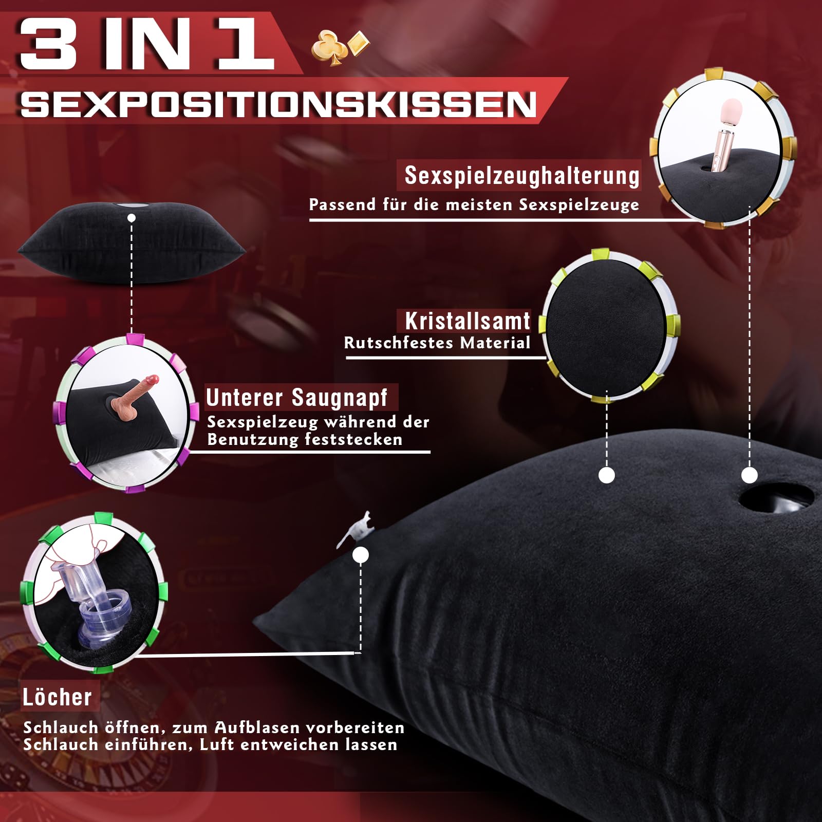 Cuscino Posizione Sessuale con Supporto per Dildo, Rampa Gonfiabile per Cuscino Sessuale per Supporto di Posizione Più Profondo, Cuscino da Viaggio Portatile per Adulti Coppie Donne Uomini
