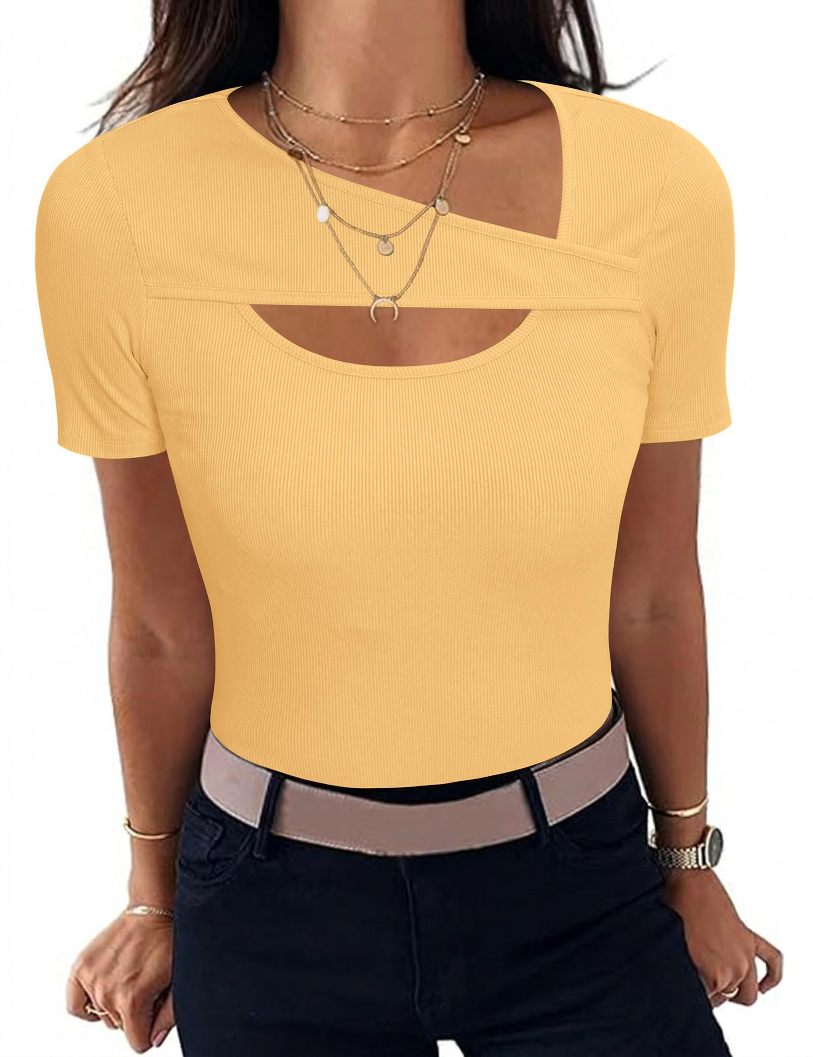 Gyabnw Dames T-shirt met korte mouwen geribbeld slim fit basic tops