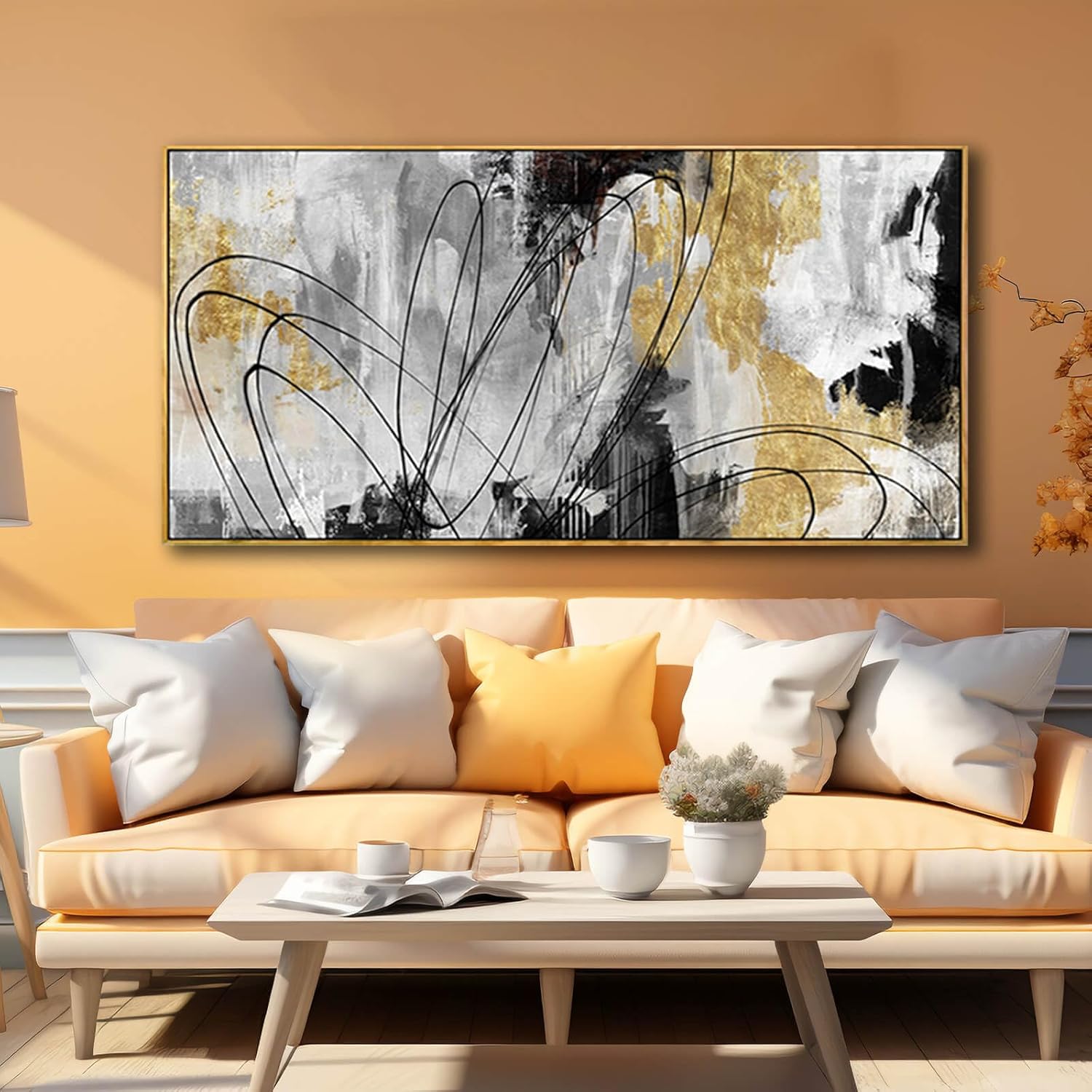 yjyart abstract wall art office decor gold wall decor for living room black and white artwork line art frame room decor for bedroom 24x48 inch 24"x48" gold