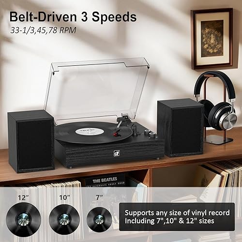 Miniatura 2 de Reproductor de discos de vinilo con altavoces externos, transmisión inalámbrica Bluetooth, tocadiscos de 3 velocidades con sistema estéreo de 30 W,