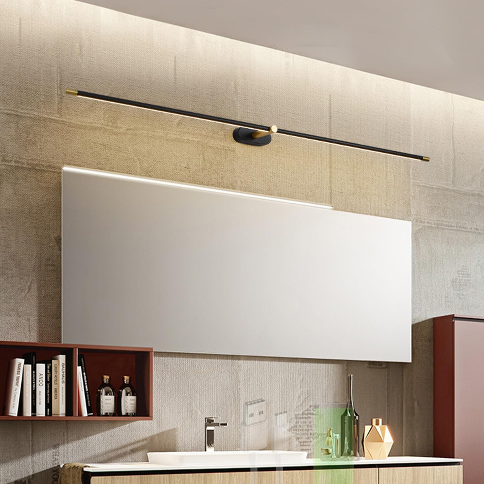 LED Rechargeable Mirror Lights Wall Lamps Battery Operated Bathroom Wall Sconce with Touch Control Modern Long Strip Wall Lights for Mirror Vanity Living Room Bedroom (Black+Gold Neutral Light,68cm)