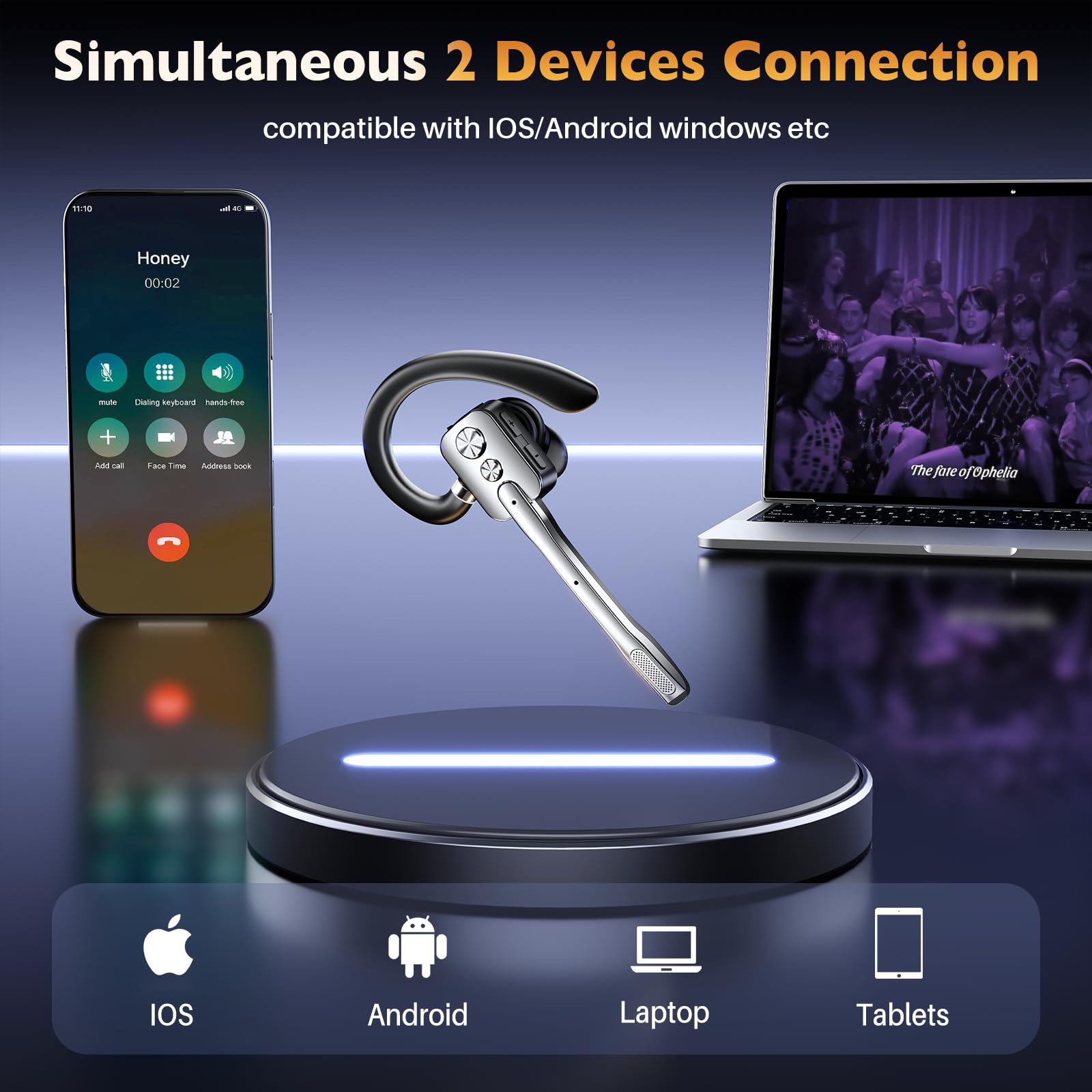 Bluetooth Headset V5.3 Wireless Freisprech Headset mit Dual Mic & Mute Funktion, 24h Spielzeit In Ear Kopfhörer für iOS Android