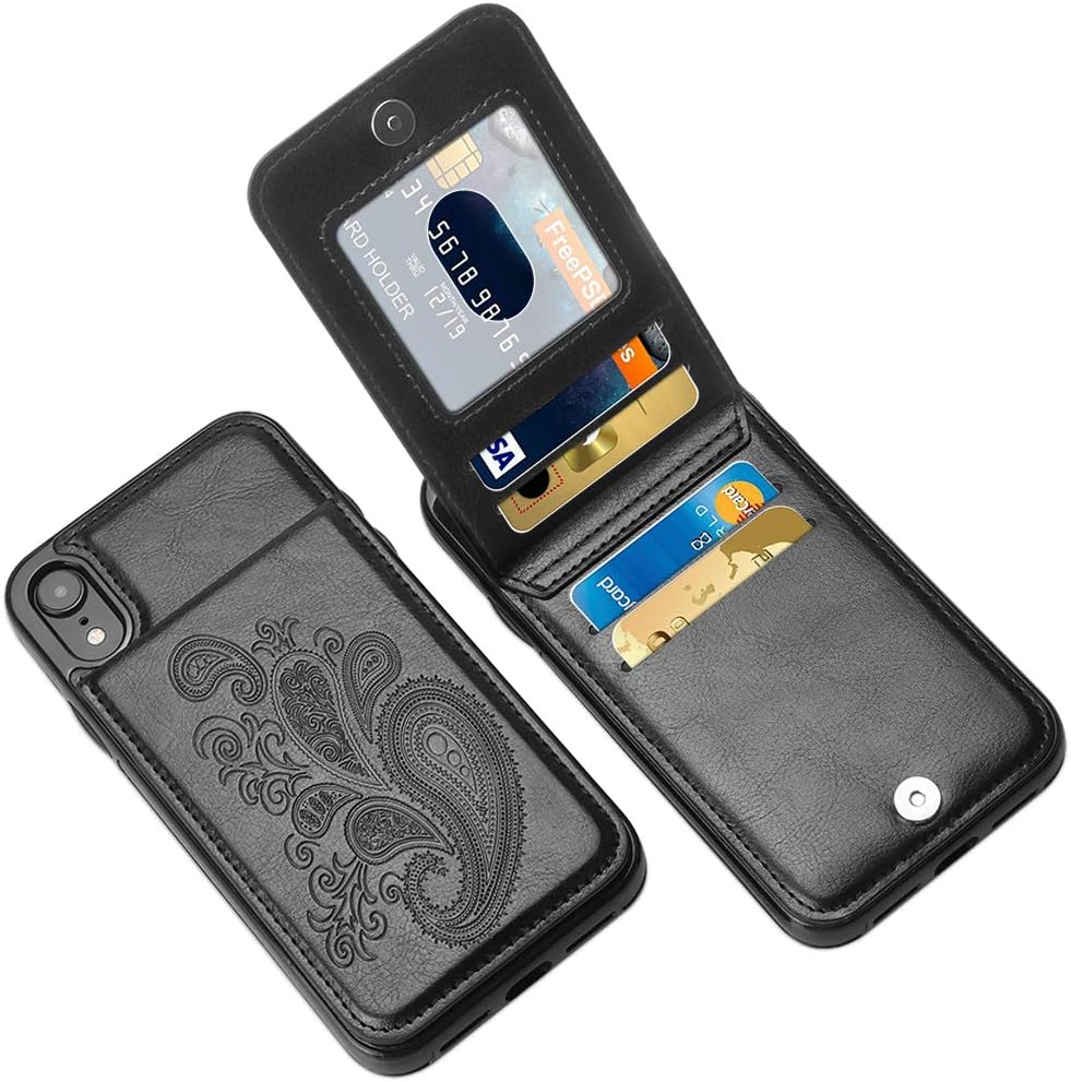 LakiBeibi iPhone XR Case with Card Holder, Flower Series Slim PU Leather iPhone XR Case for Girls Wallet Flip Full Body Protective Case with Screen Protector for iPhone XR (2018) 6.1 Inches, Black