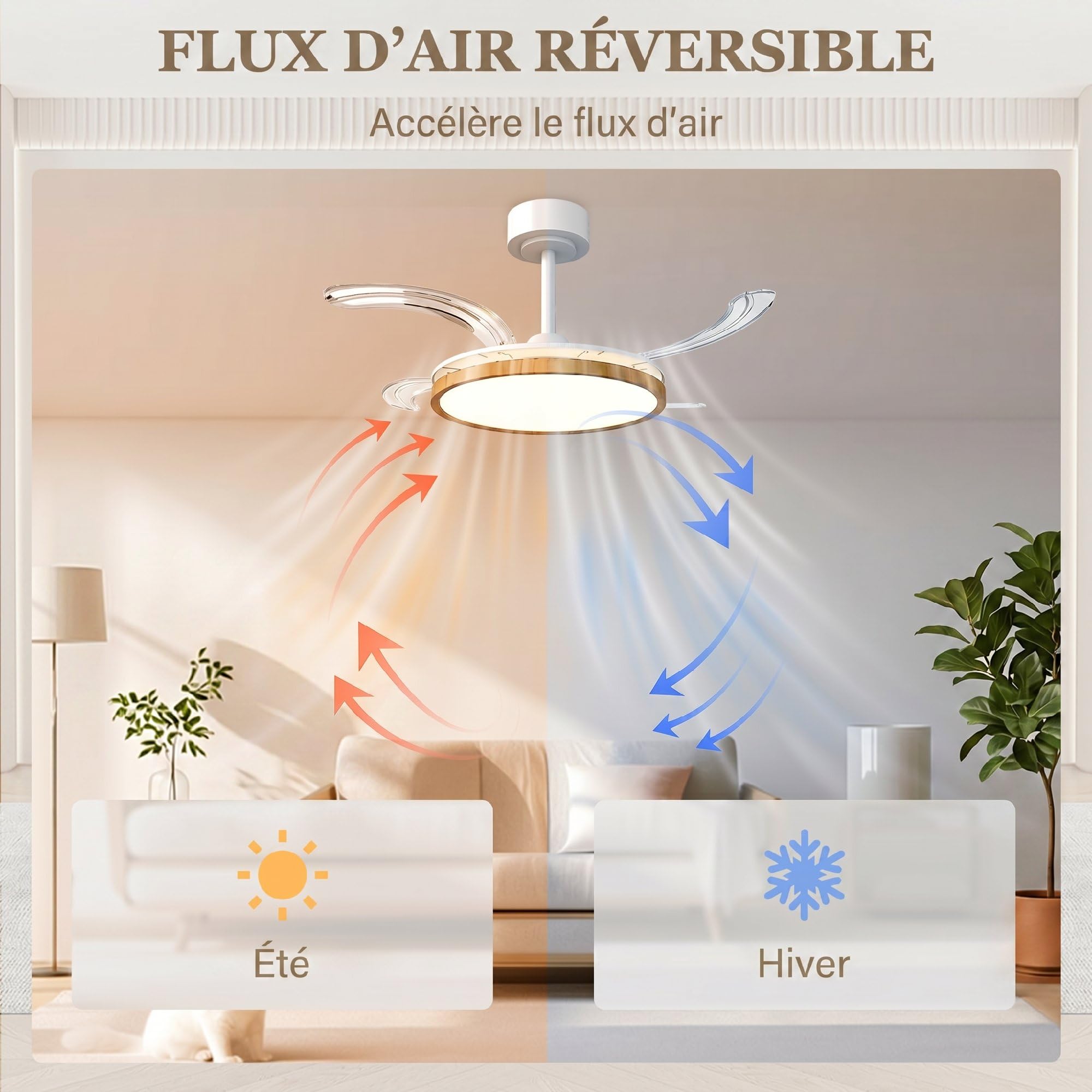 HOMCOM Ventilateur de plafond avec lumière LED, plafonnier ventilateur Ø95 cm, 4 pales rétractables moteur CC silencieux, 6 vitesses, 3 températures de couleur, télécommande, minuterie, mode été-hiver