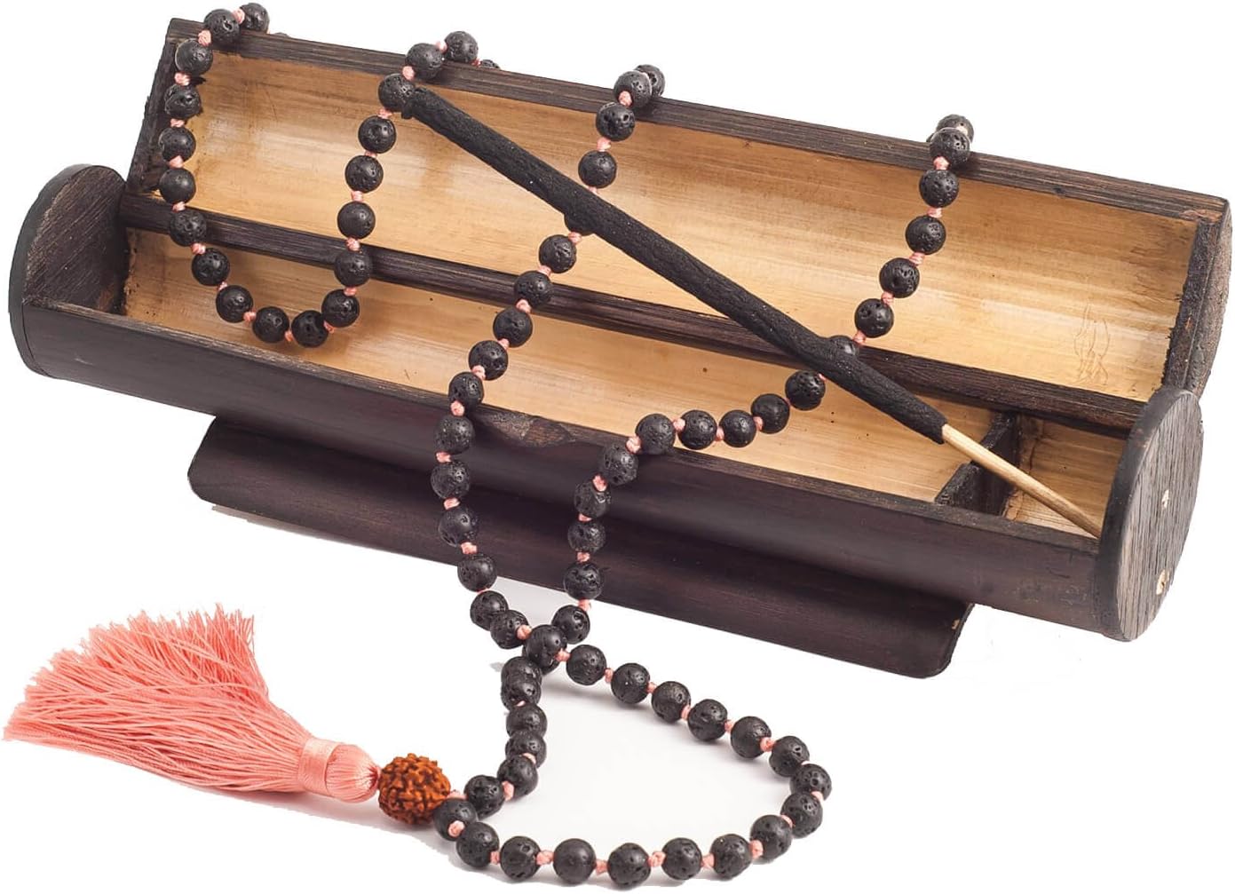 Buddhist Japa Mala Beads - Gemstone Buddha Necklace Blessed - 108 Tibetan Prayer - Healing Natural Lava Black Rock Stone Bracelet - Chakra Jewelry Meditation Yoga - Aromatherapy Bamboo Incense Box