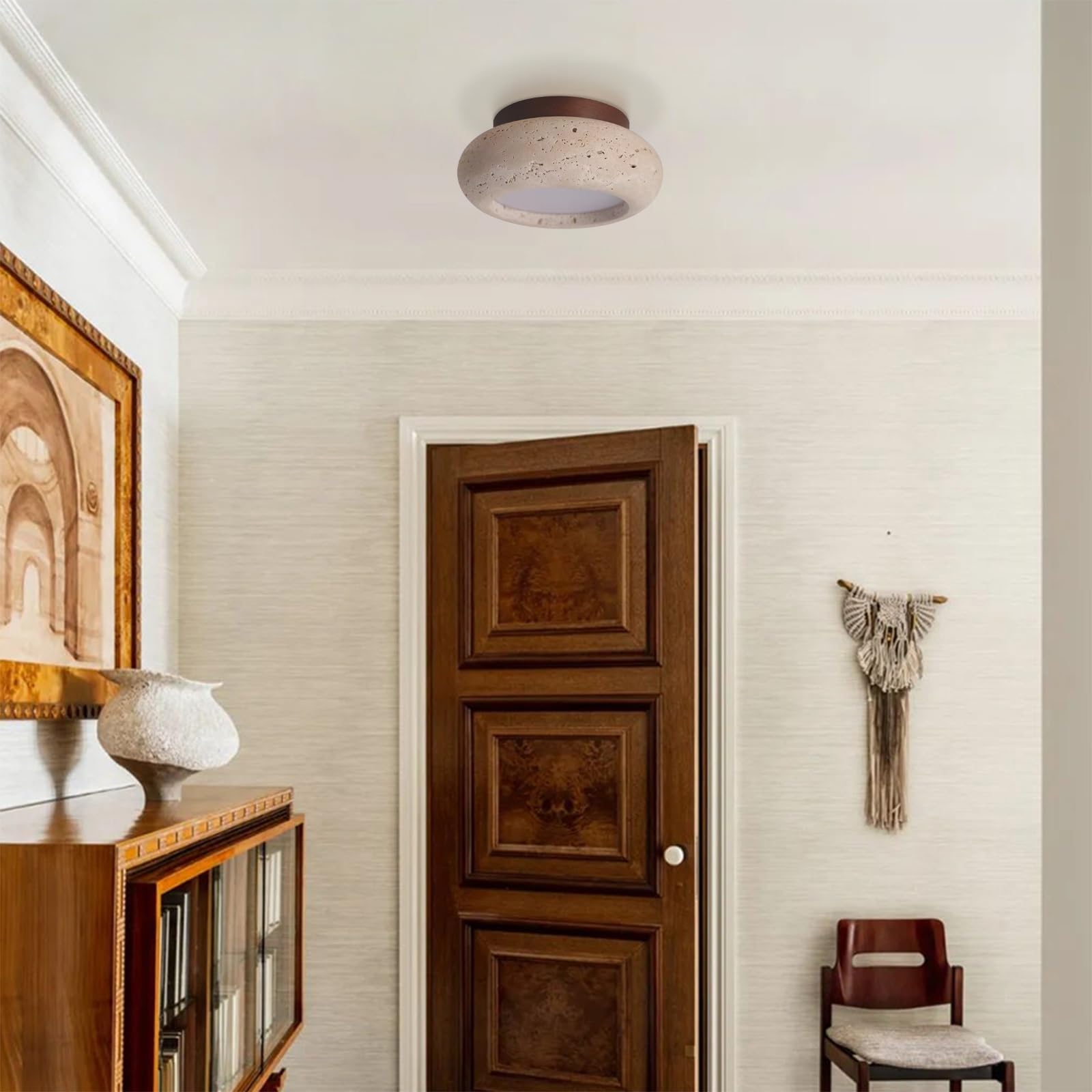 Nowoczesna lampa sufitowa LED z naturalnego żółtego trawertynu, białe światło dzienne 6000 K, oświetlenie do montażu podtynkowego, podstawa z litego drewna, okrągła lampa sufitowa 15 cm(Walnut)