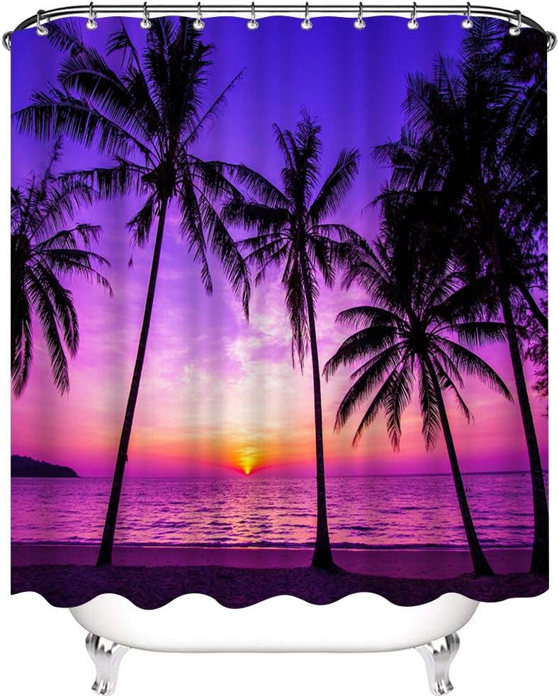 Sunset Beach Shower Curtain Tropical Palm Tree Landscape Waterproof Fabric Curtains for Bathroom Decor with 12 Hooks 72x72 Inches