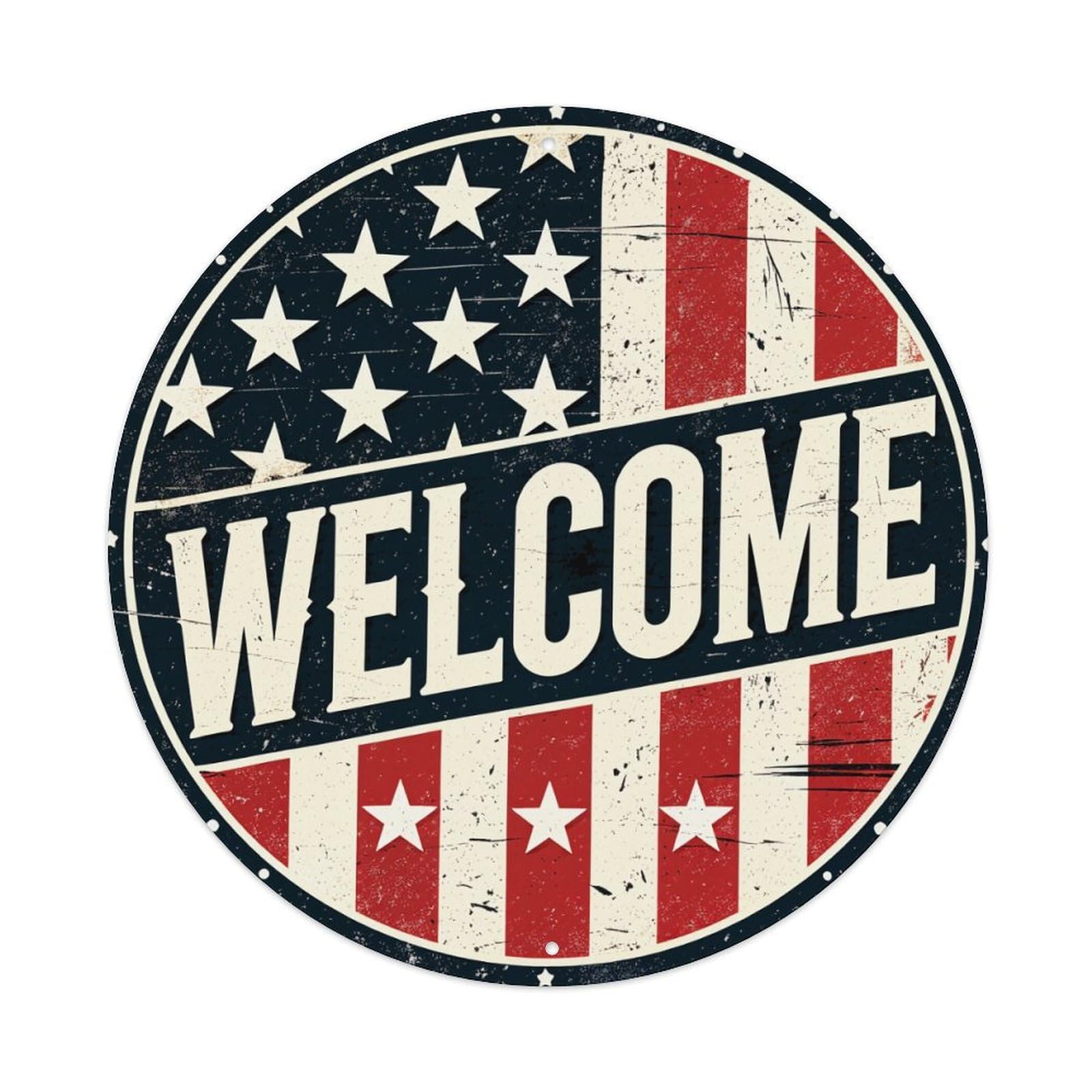 American Flag Welcome Sign Round Metal Tin Sign Vintage Wall Decor, Bar Garage Cafe Kitchen Home Wall Art Poster 8x8inches