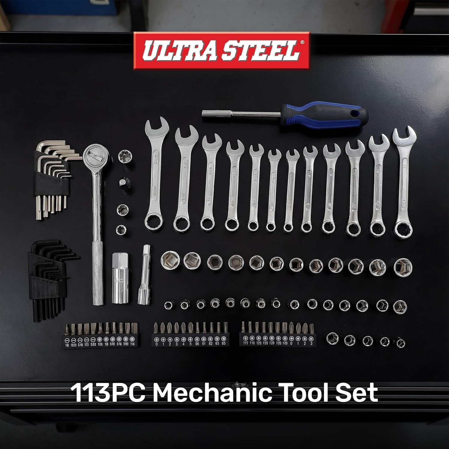 113-Piece Professional Mechanic Tool Set with Ratchet, Sockets, Wrenches, Hex Keys, Bits, Blow Mold Case