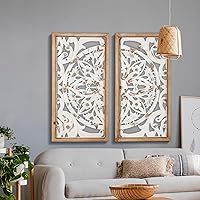 Vista 6 de XIAOAIKA Decoración de pared tallada bohemia, paneles blancos envejecidos antiguos de 31.5 pulgadas, escultura decorativa tallada a mano para sala