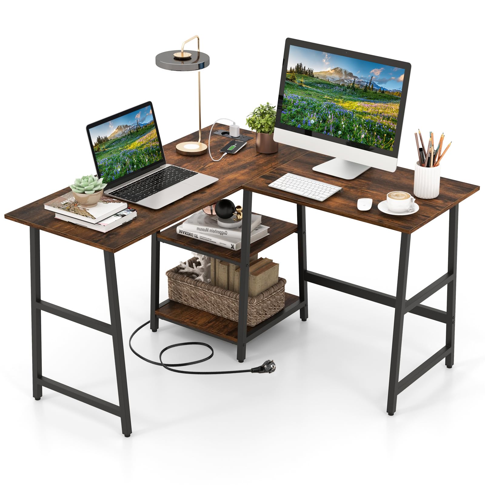 COSTWAY Escritorio Esquinero 120 x 120cm, Tomas de Corriente y Puertos USB, Escritorio en L con 2 Estantería, Estructura de Metal, Mesa Gaming L Oficina Casa (café)